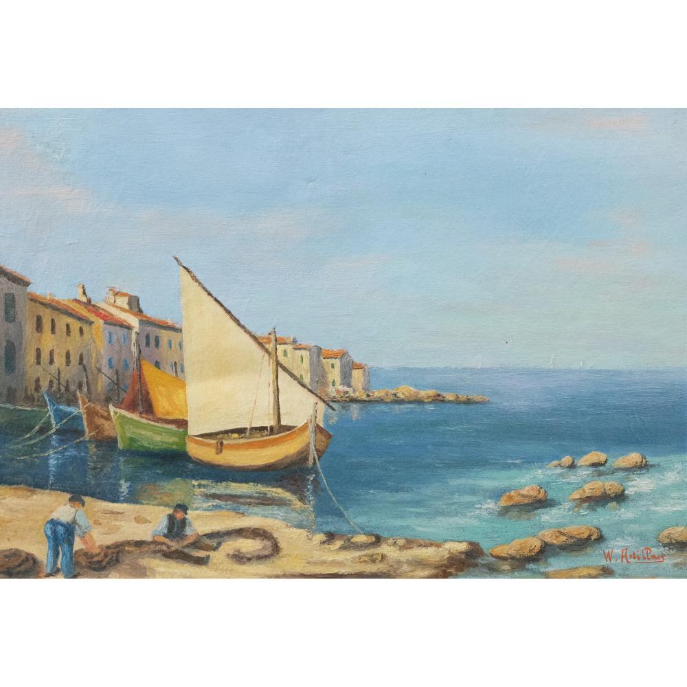 Unknown Figurative Painting - Maurice Antillan - 20th Century Oil, Rocky Cove with Boats