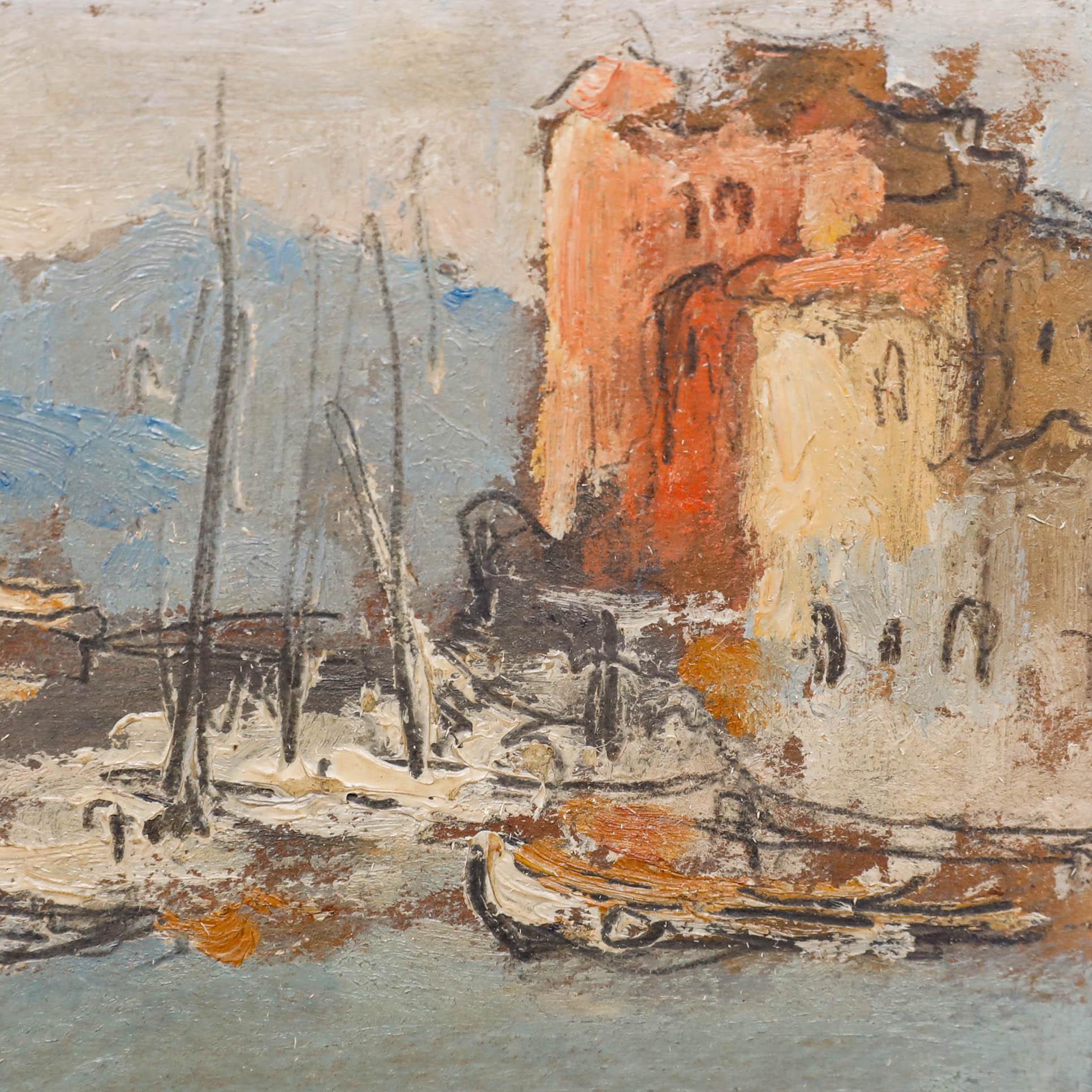 This charming watercolour depicts a picturesque Mediterranean harbour scene, featuring several moored sailboats with their masts reaching skyward against a backdrop of warm, earth-toned buildings cascading along the shoreline. The artist employs a