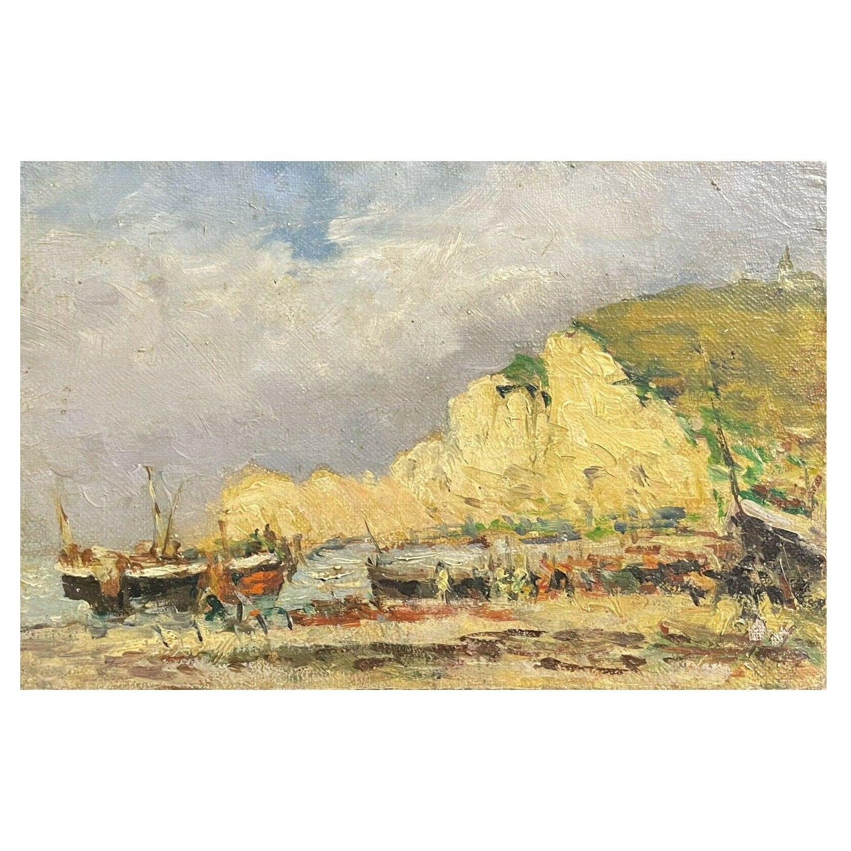 Landscape Painting Unknown - Maurice Mazeilie Huile impressionniste française, Plage animée Bateaux de pêche côtiers