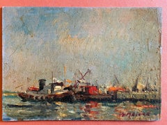 Maurice Mazeilie, French Impressionist Signed Oil, Boats Moored off a Jetty
