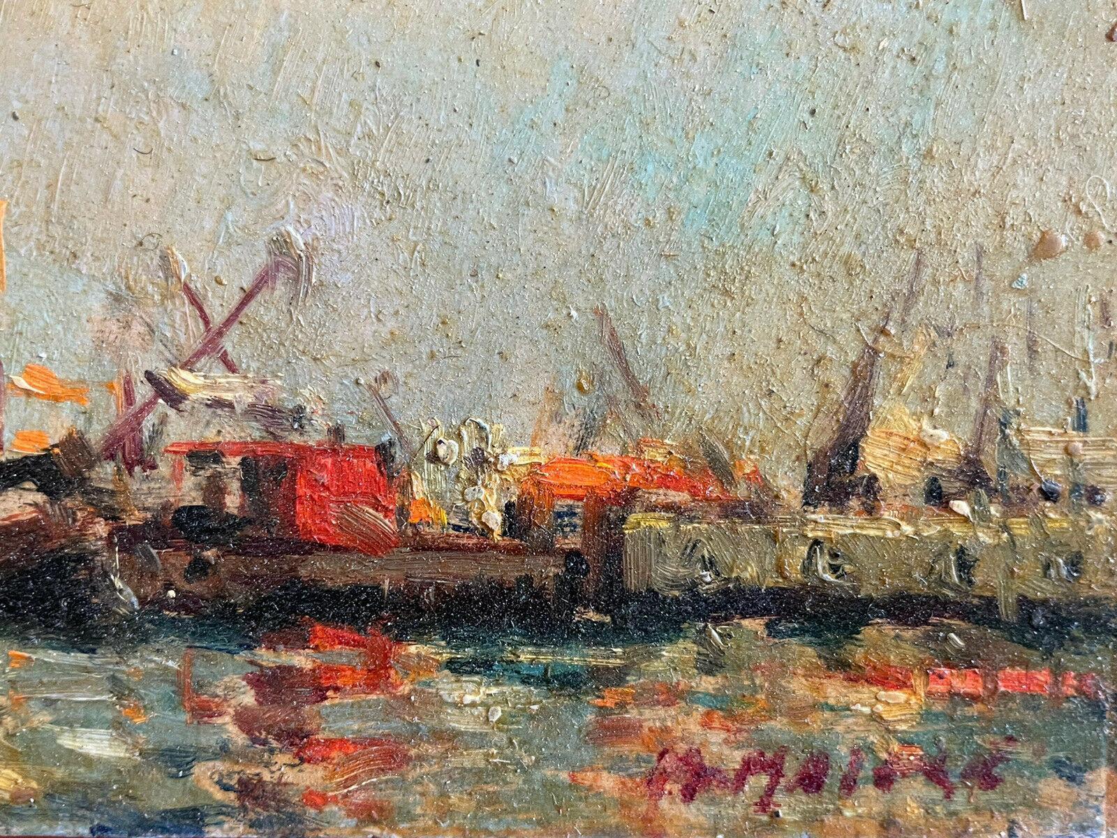 Maurice Mazeilie, französischer Impressionist Signiertes Öl, Boote vor einem Steg vertäut (Braun), Landscape Painting, von Unknown