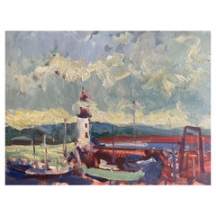 Maurice Mazeilie, Impressionniste français Huile signée, Phare du port de Bretagne
