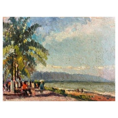 Maurice Mazeilie, Impressionniste français Huile signée, Figures sur la promenade en mer