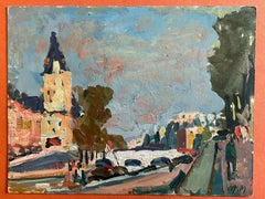 Maurice Mazeilie, impressionista francese, olio firmato, Veduta di Parigi sulla Senna