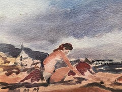 Aquarelle impressionniste française signée Maurice Mazeilie, Figure sur plage nuageuse