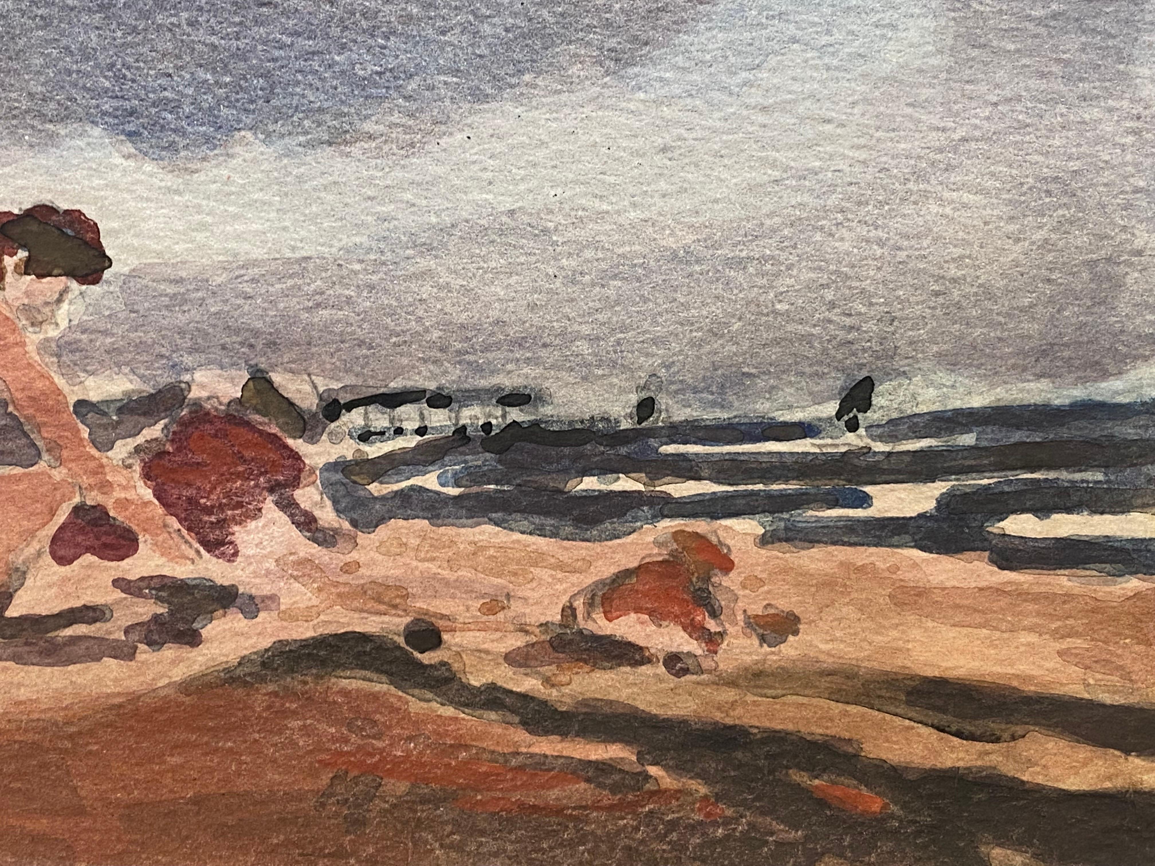 Maurice Mazeilie-French Impressionist Signed Watercolour, Figure on Cloudy Beach - Brown Figurative Painting by Unknown