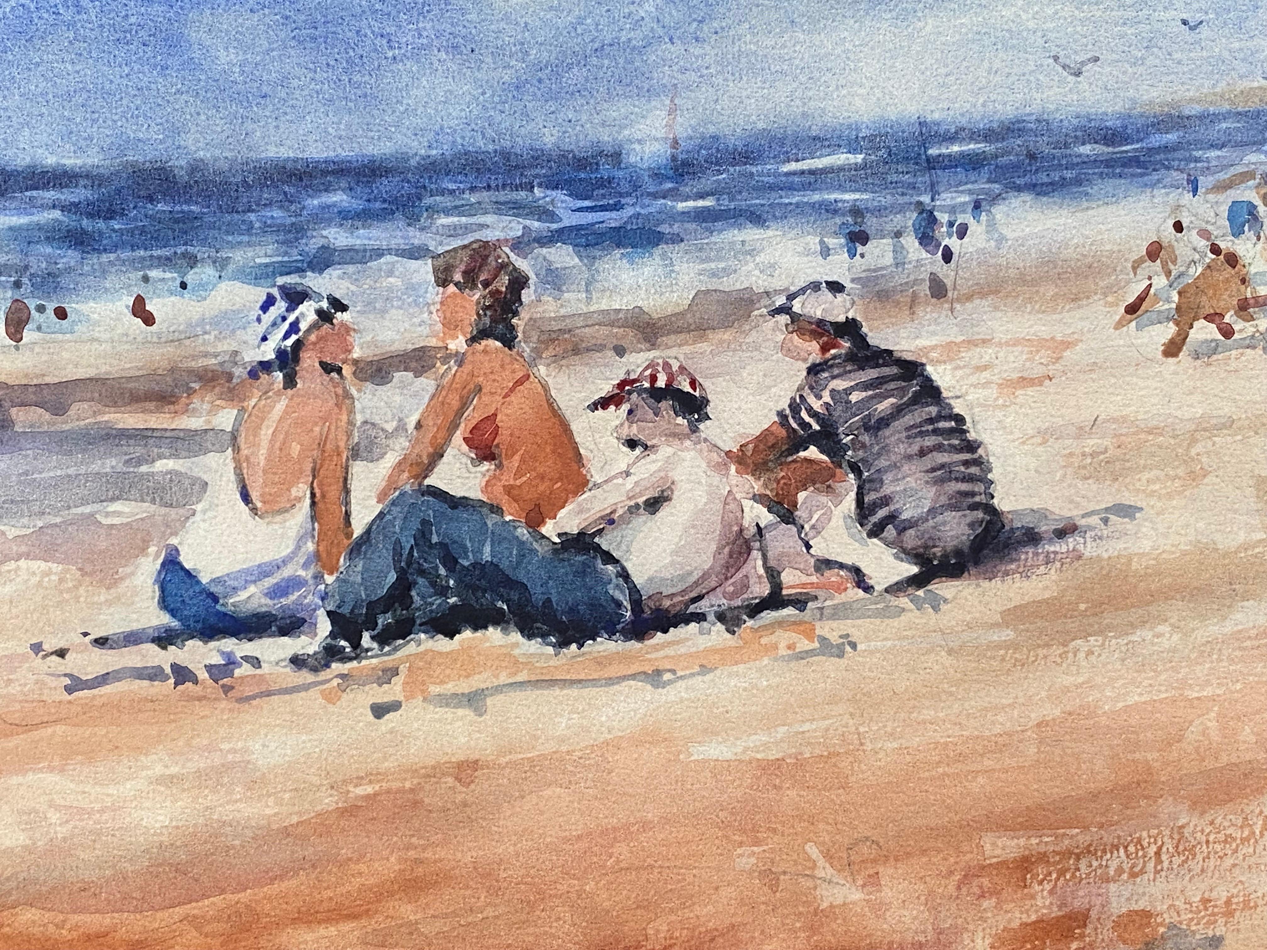 Maurice Mazeilie- French Impressionist Signed Watercolour - Figures at the Beach - Painting by Unknown