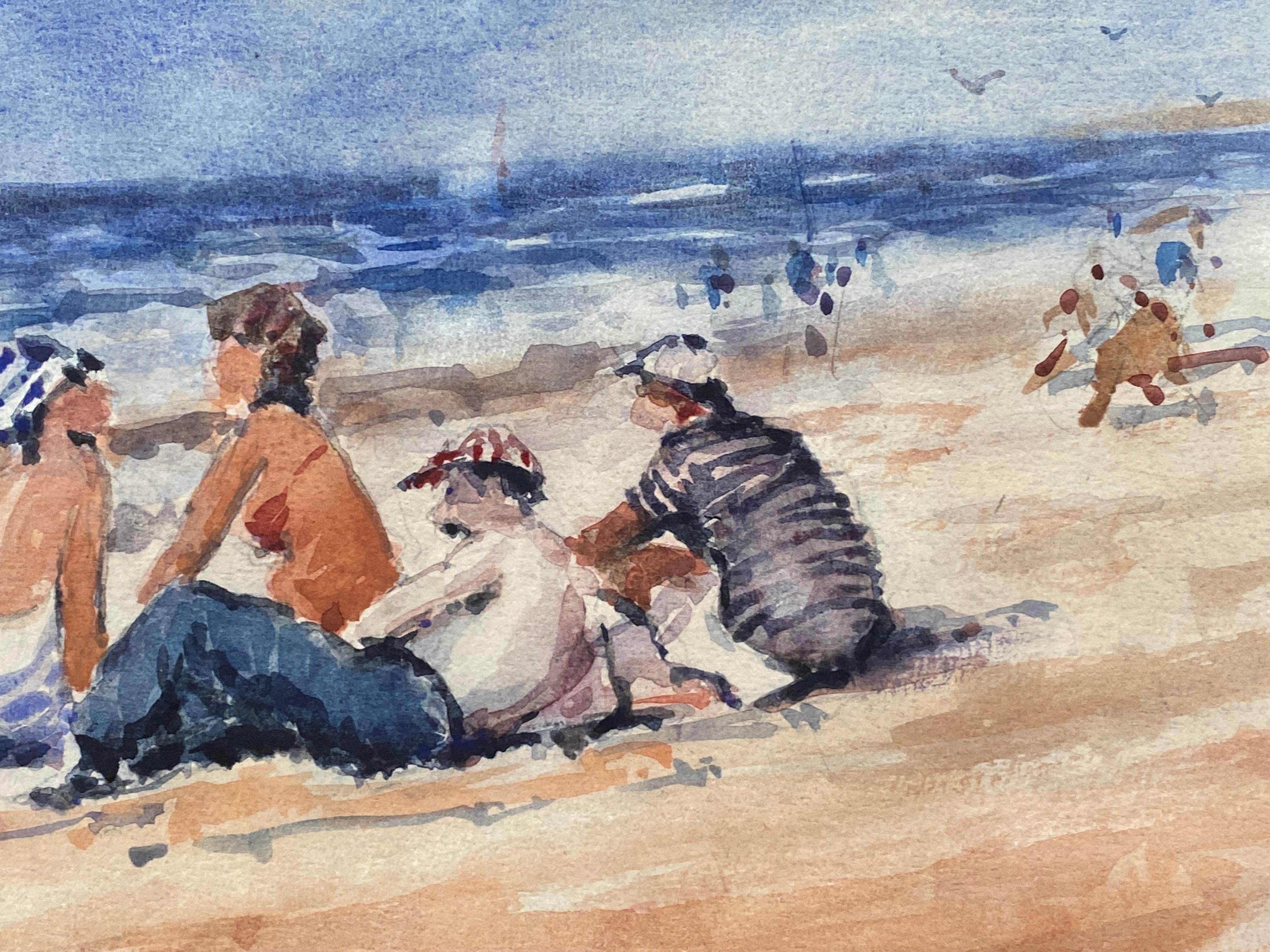 Maurice Mazeilie- French Impressionist Signed Watercolour - Figures at the Beach - Beige Figurative Painting by Unknown