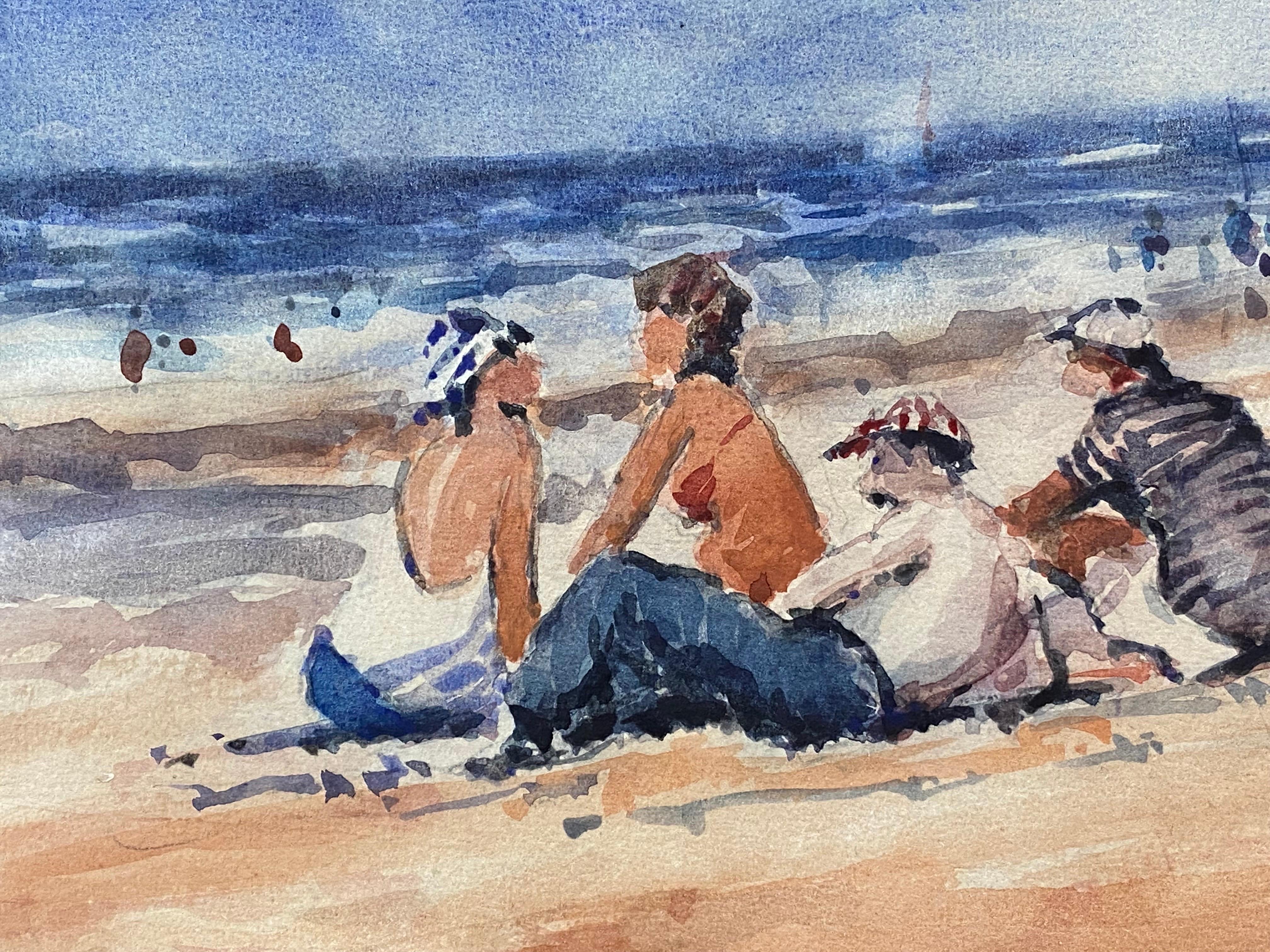 Maurice Mazeilie- French Impressionist Signed Watercolour - Figures at the Beach For Sale 2