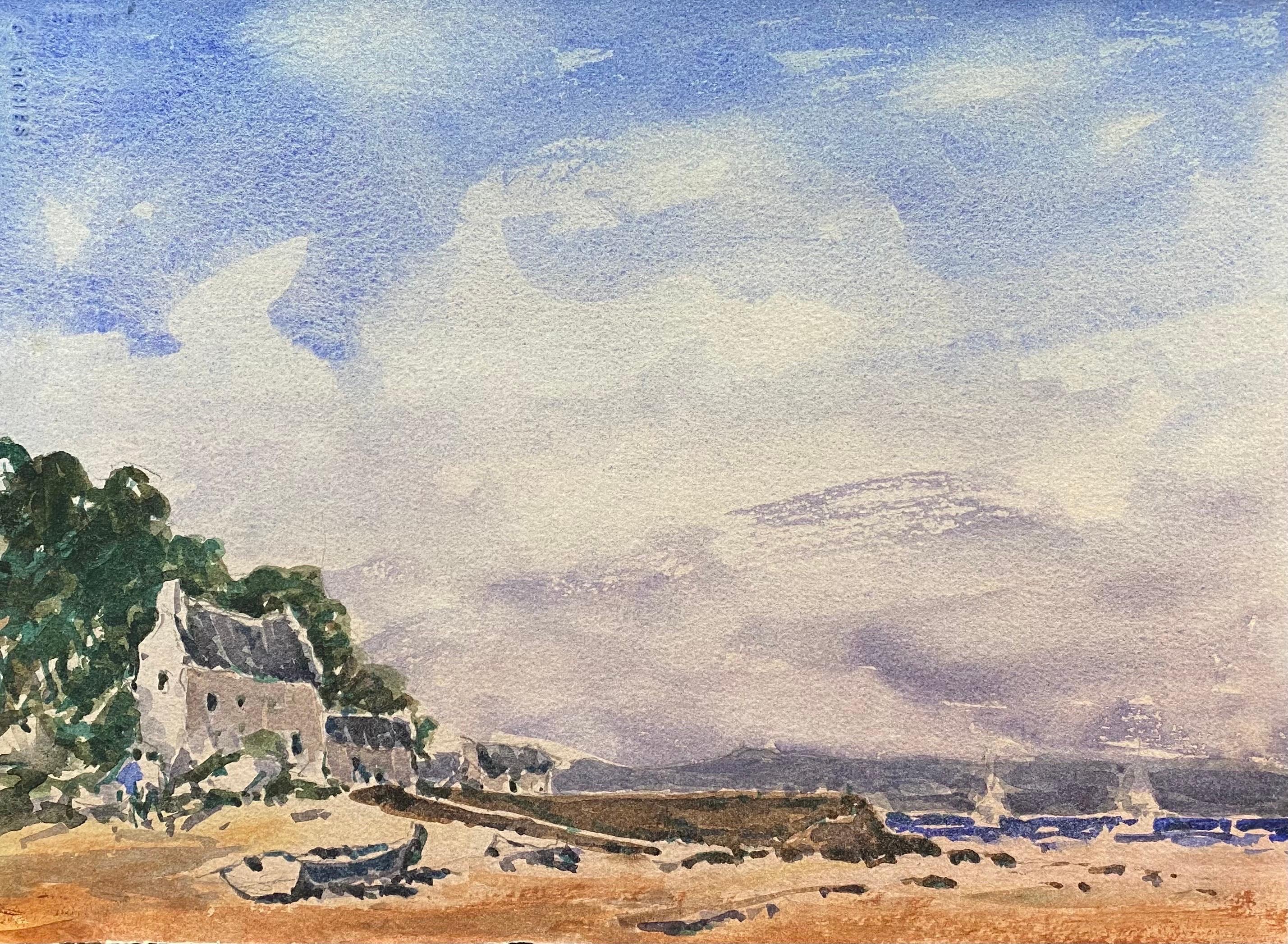 Maurice Mazeilie, French Impressionist Watercolour, Beach Landscape - Beige Landscape Painting by Unknown