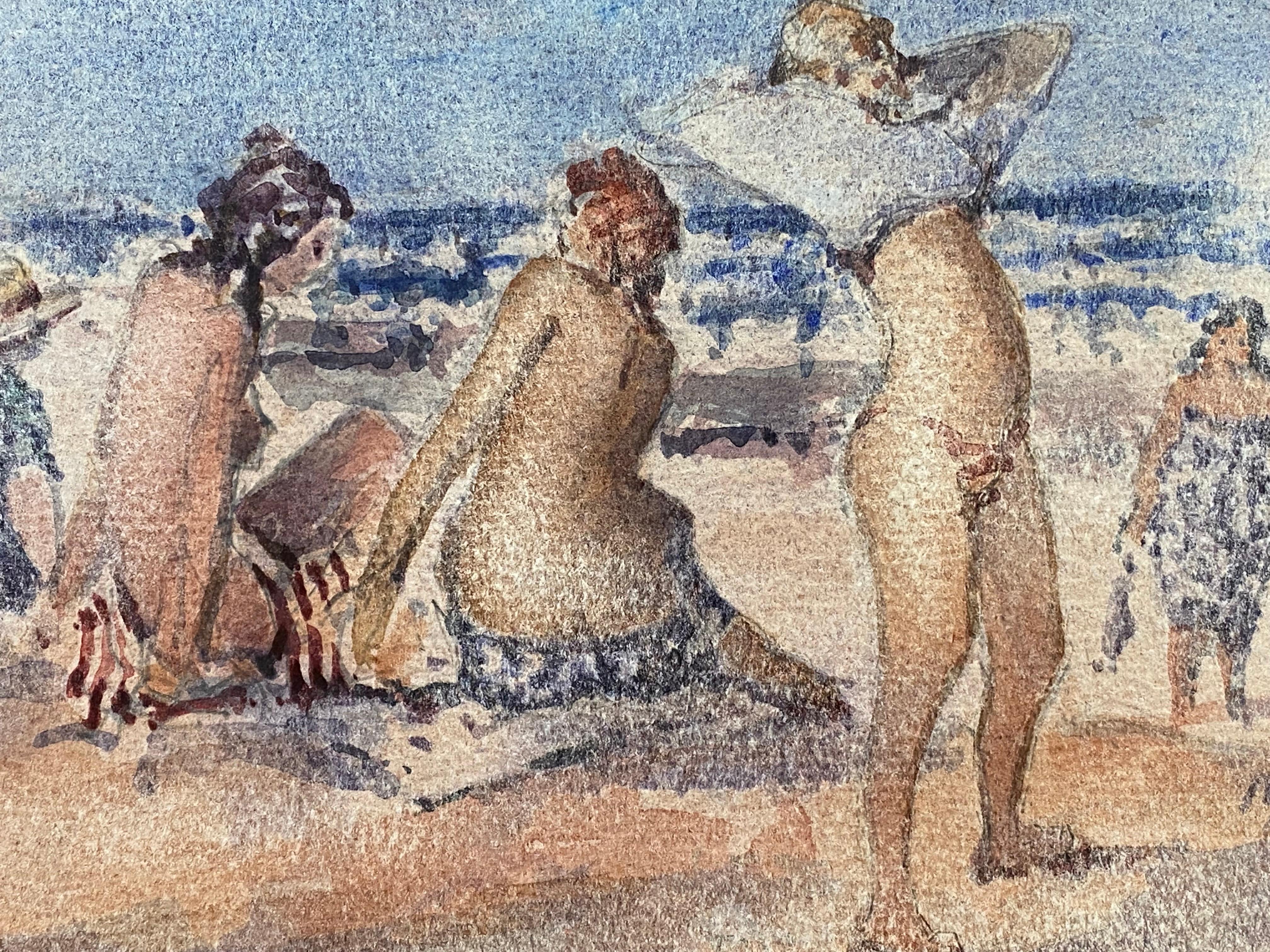 Maurice Mazeilie-French Impressionist Watercolour - Girls Beach Day - Painting by Unknown