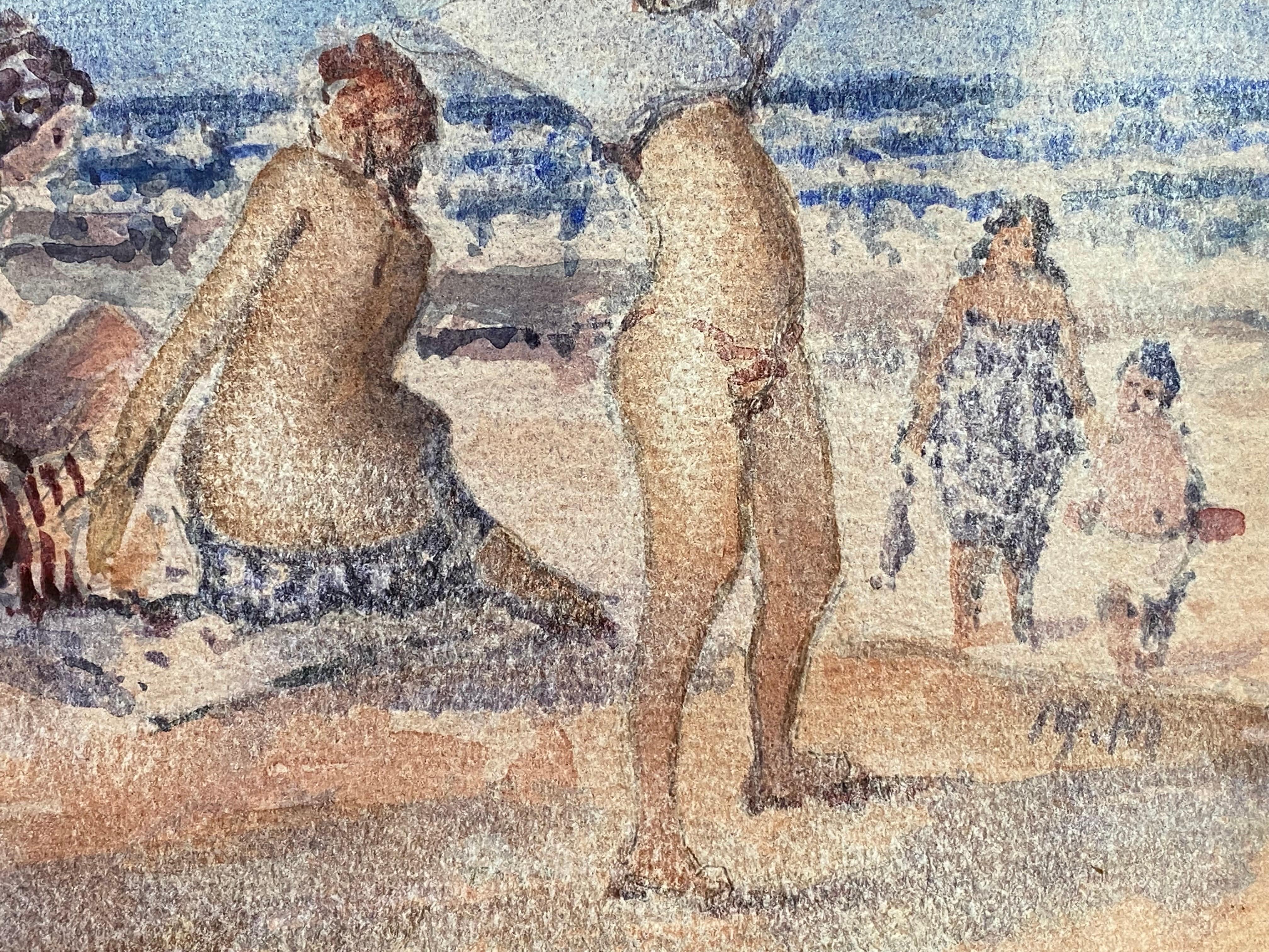 Maurice Mazeilie-French Impressionist Watercolour - Girls Beach Day - Gray Figurative Painting by Unknown