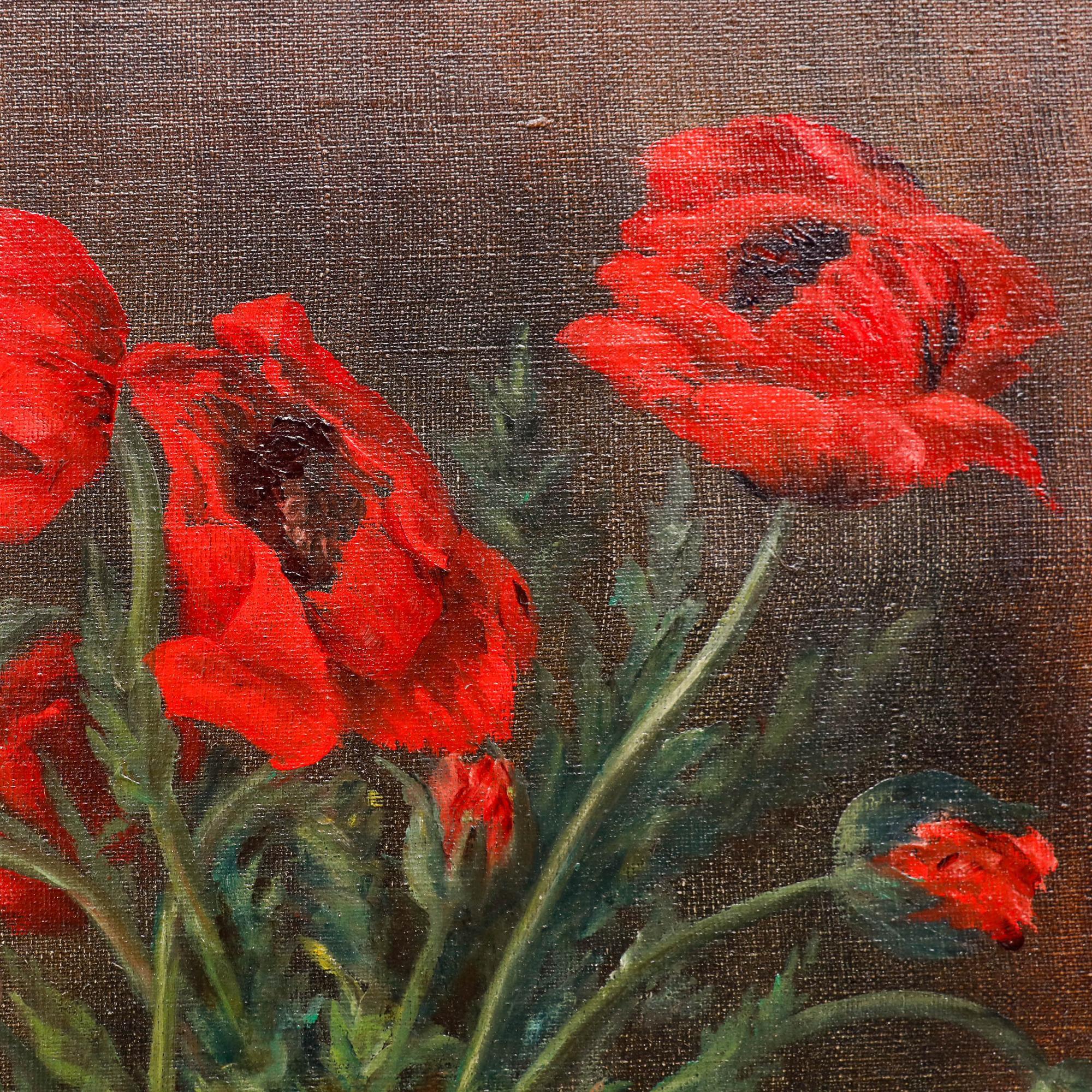 A delightful early 20th century still life by the artist Max Albrecht depicting crimson poppies spilling out of a fashionable art deco vase. Signed and dated to the lower right, along with place name 'Mchn' (Munich). Handsomely presented in a