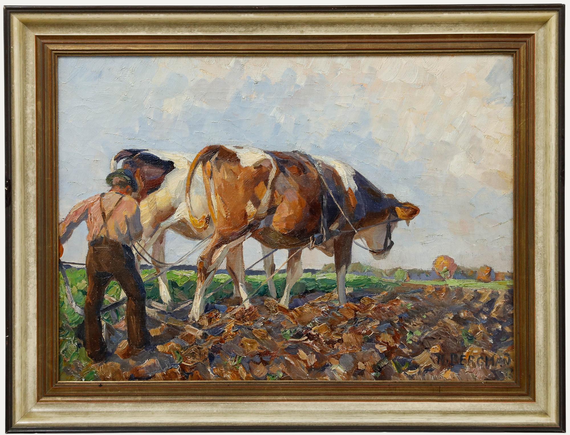 Landscape Painting Unknown - Max Bergmann (1884-1955) - Huile encadrée du début du 20e siècle, Travail des champs