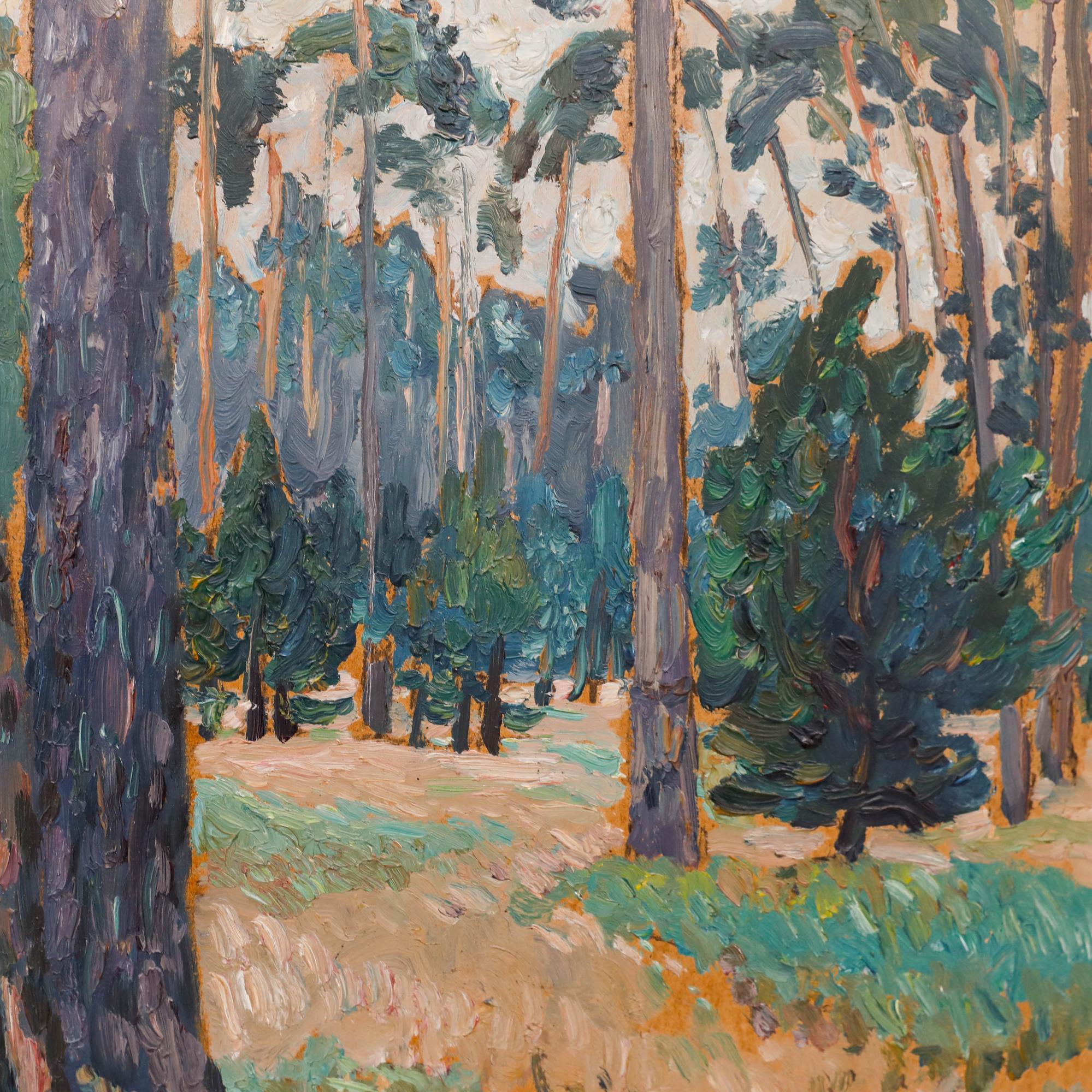 Ravissante huile du début du 20e siècle de l'artiste Max Degebrodt (1885-1976), représentant une forêt verdoyante au printemps. Rendue dans un effet d'empâtement avec une palette terreuse de verts, de bruns et d'oranges atténués pour capturer les