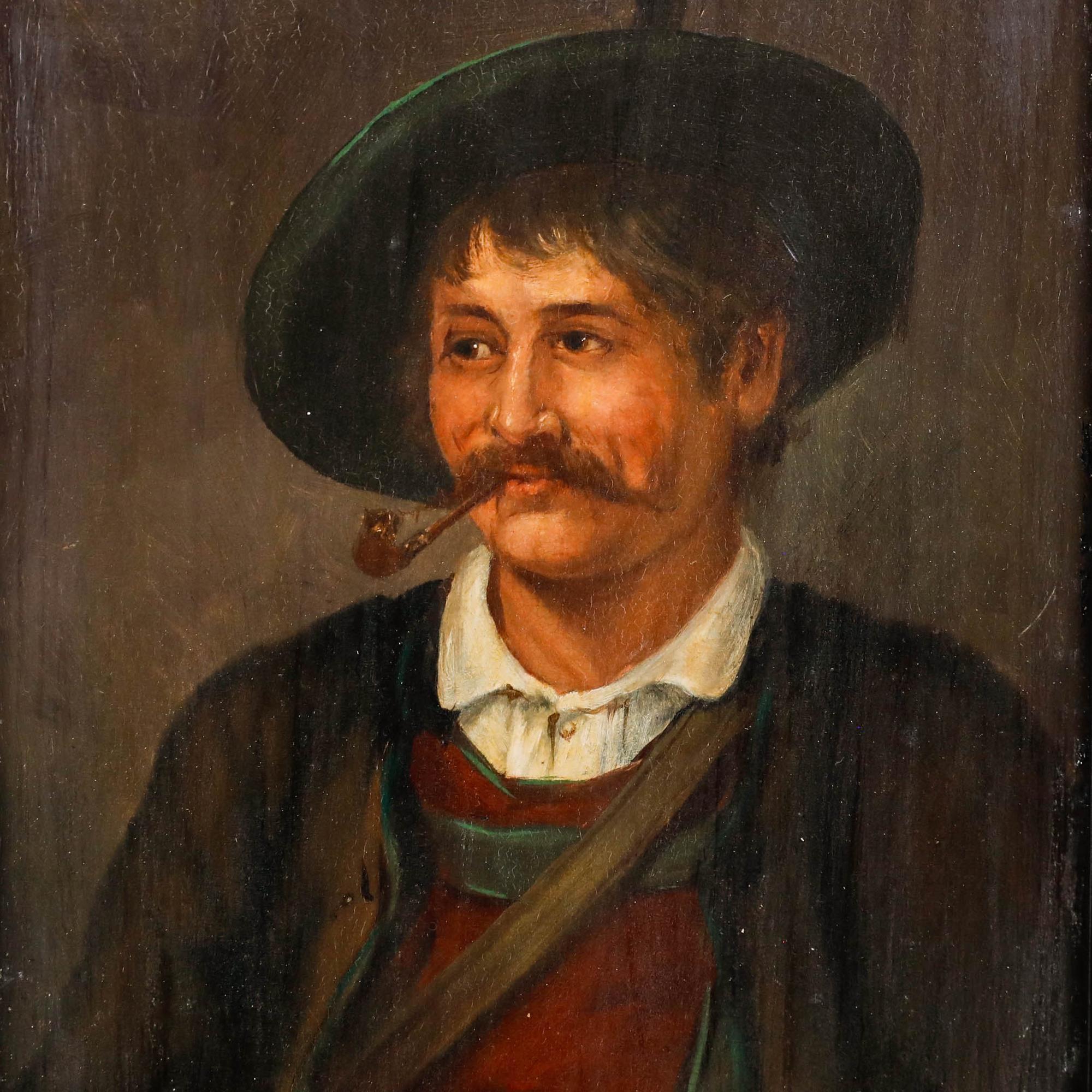 An intimate portrait depicting a cheerful man smoking a pipe by the German artist Max Kuglmayr. Signed and dated to the upper left. Well presented in an ornate gilt-effect frame with foliate ornamentation. On panel.