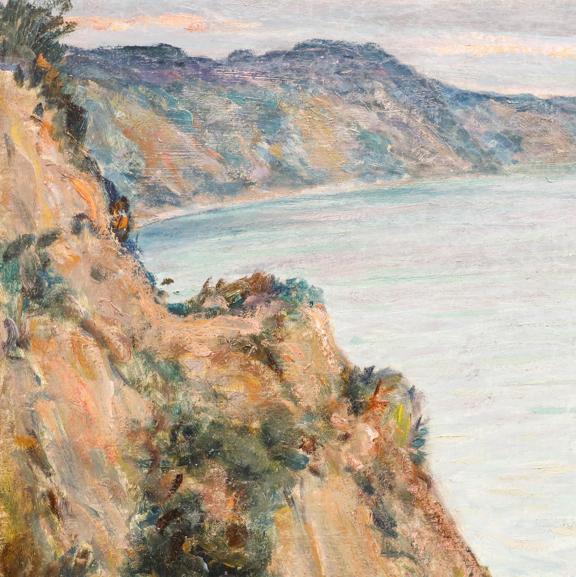 Ein charmantes Öl aus dem frühen 20. Jahrhundert, das eine idyllische Küstenlandschaft im Abendlicht zeigt, mit Bereichen von Impasto. Signiert unten links. Auf Leinwand auf Keilrahmen. 