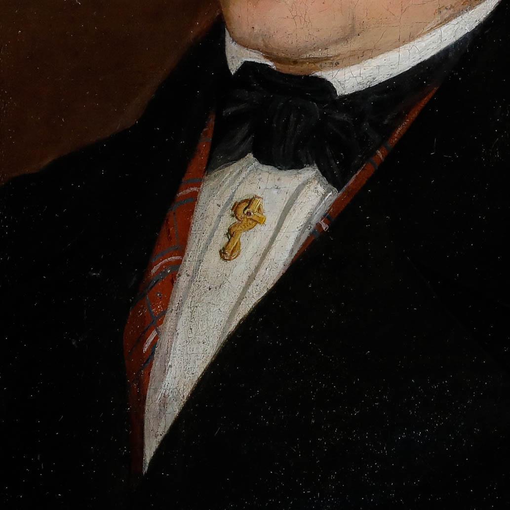 A fine Biedermeier school portrait depicting a well-dressed gentleman with a smart black coat and brown leather gloves. Captured in a rich palette with impressive attention to detail, this charismatic portrait demonstrates a quiet stoicism in the