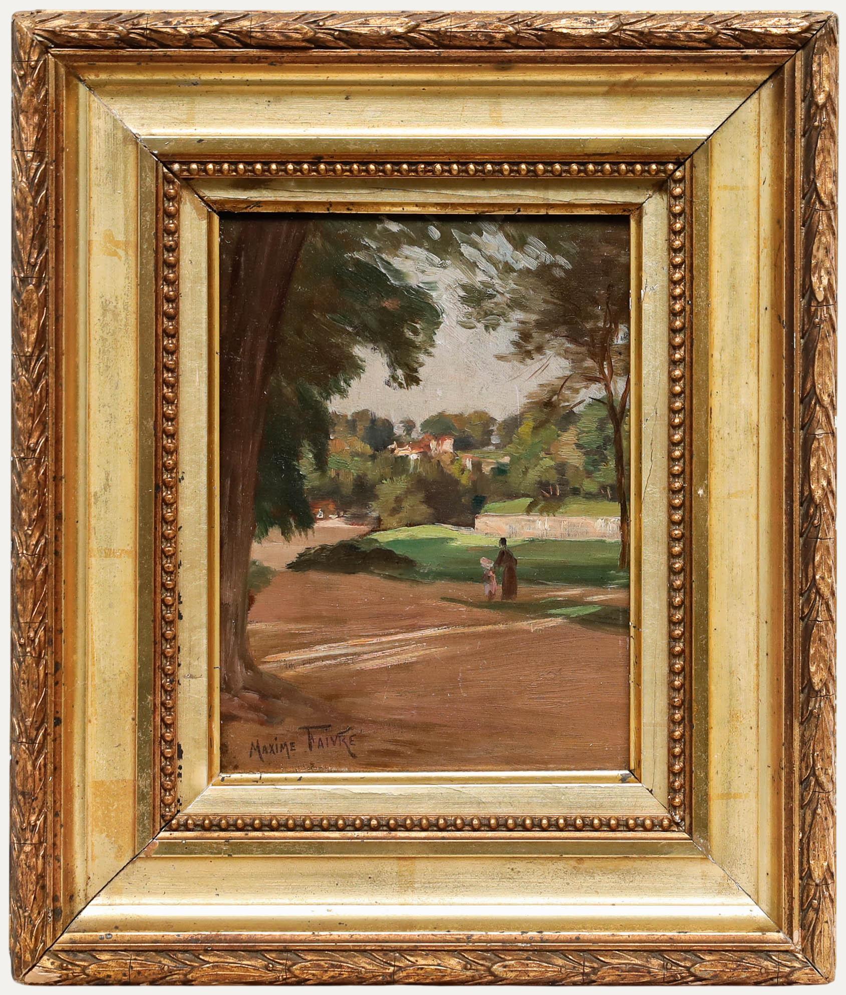 Unknown Landscape Painting – Maxime Leon Faivre (1856-1914) - Öl aus dem späten 19. Jahrhundert, Ein Spaziergang im Park