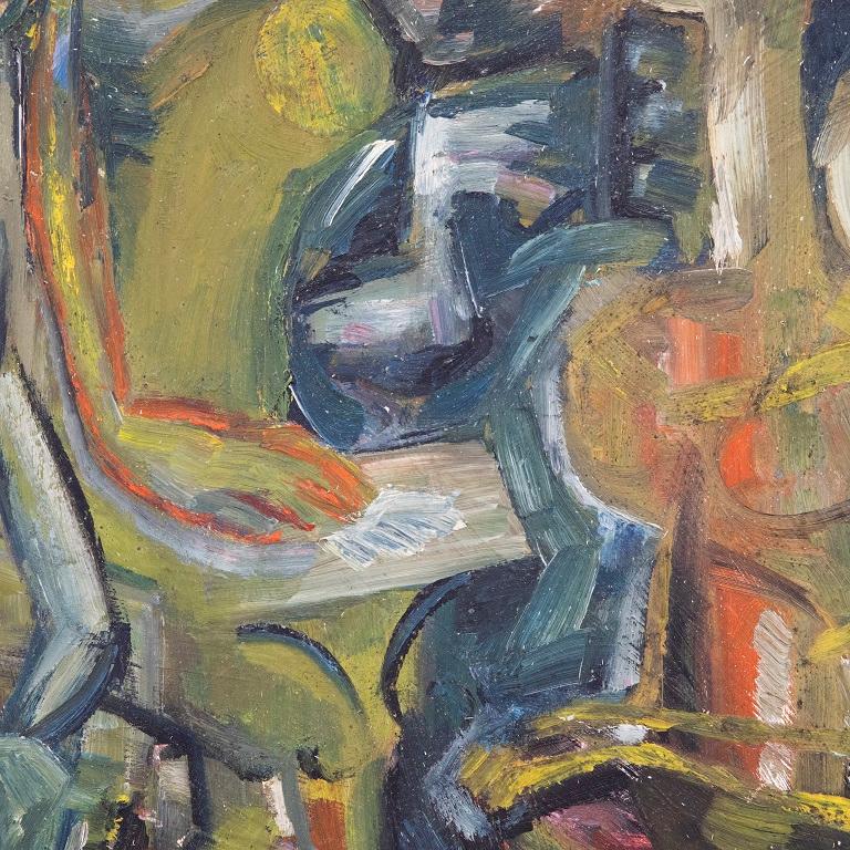 A striking Mid Century oil on board showing a group of five abstracted figures huddled together. The artist has signed, dated and inscribed to the reverse. On board. 
