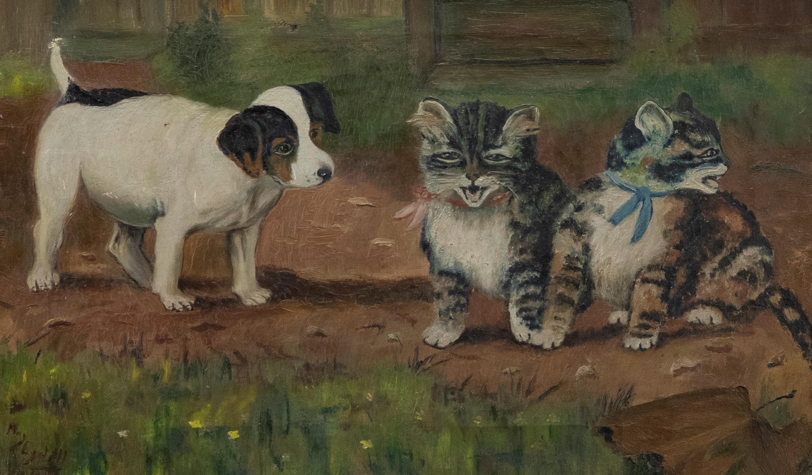 May Egdell - Naive Early 20th Century Oil, Puppy and Two Kittens - Painting by Unknown