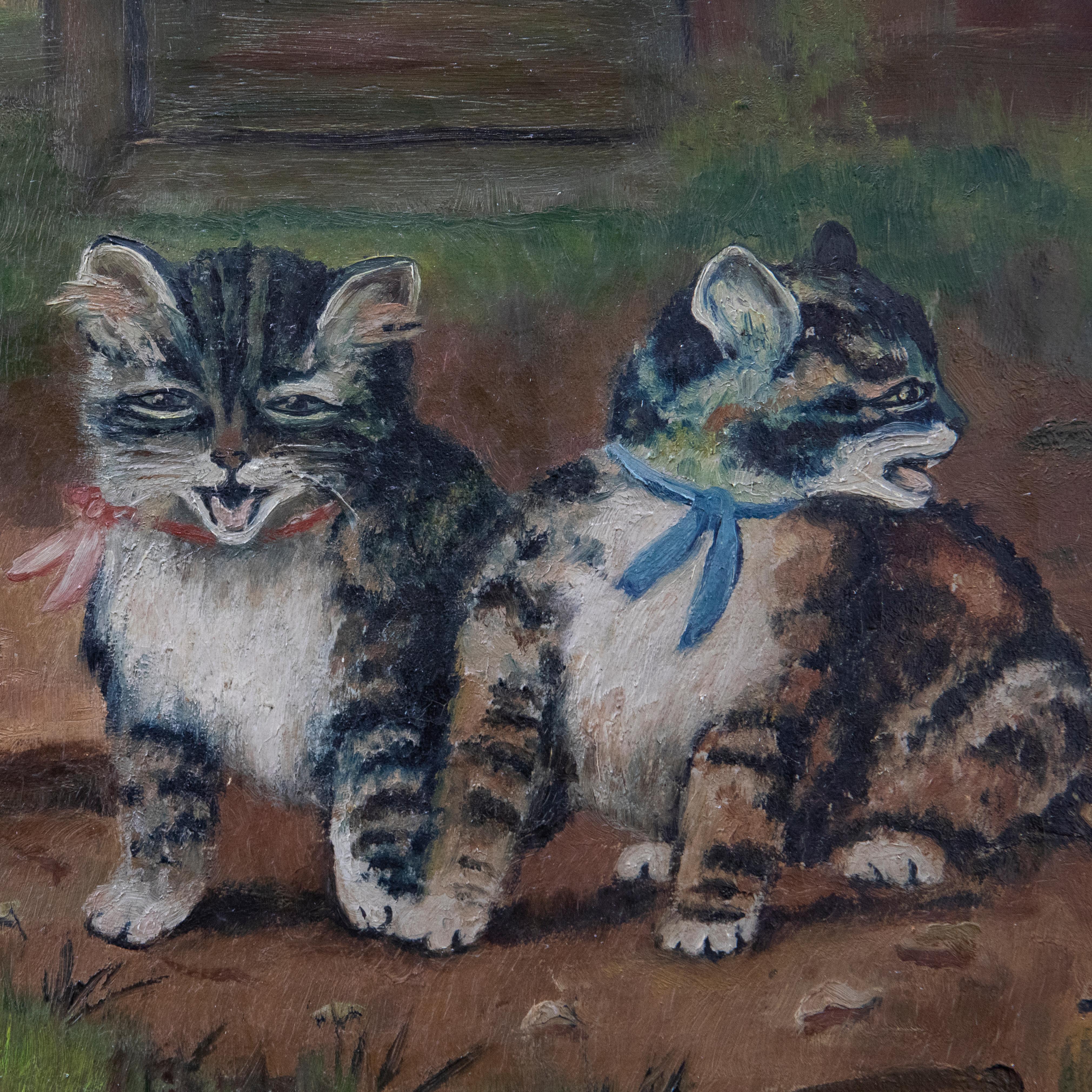 May Egdell - Naive Early 20th Century Oil, Puppy and Two Kittens For Sale 1