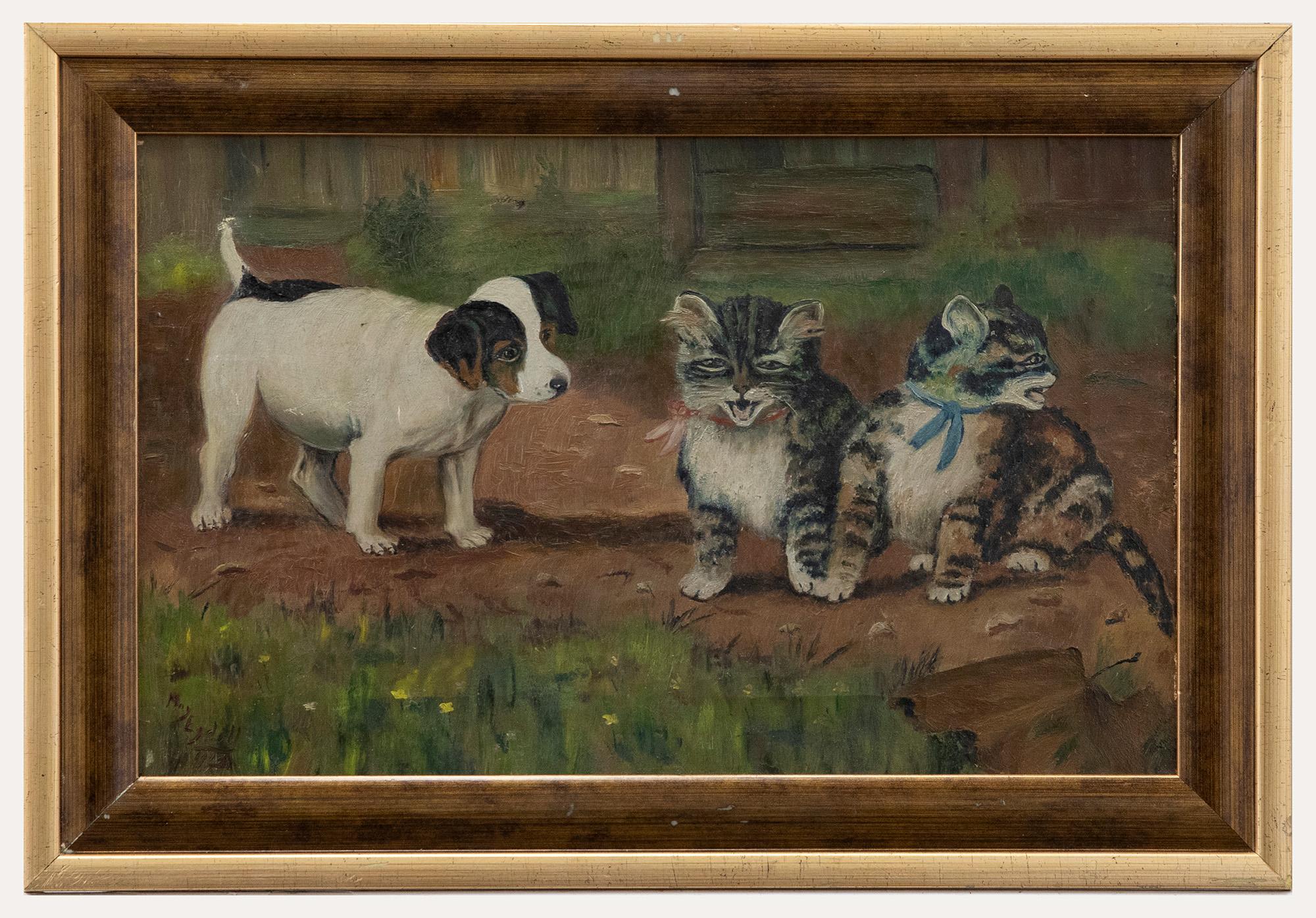 Unknown Animal Painting - May Egdell - Naive Early 20th Century Oil, Puppy and Two Kittens