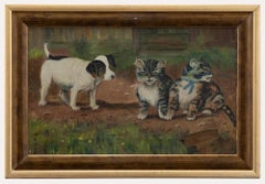 May Egdell - Naive début du 20e siècle - Huile, caniche et deux chatons