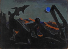 MCM American Modernist Large Abstract Expressionist Surreal Nocturnal Painting