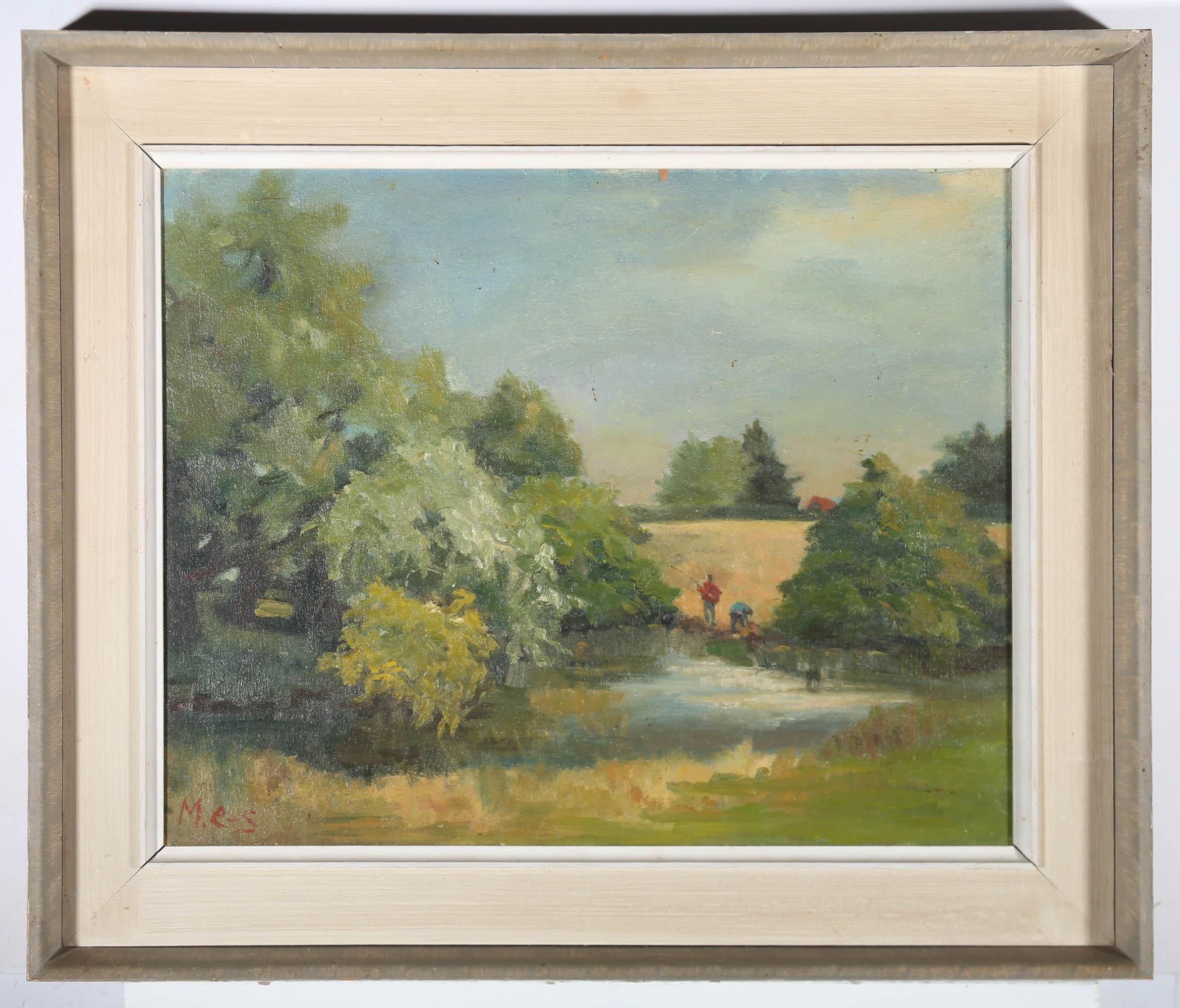 C.C.I. M. - Olio del 20° secolo incorniciato, Pesca sui campi retrostanti - Landscape Painting Marrone di Unknown