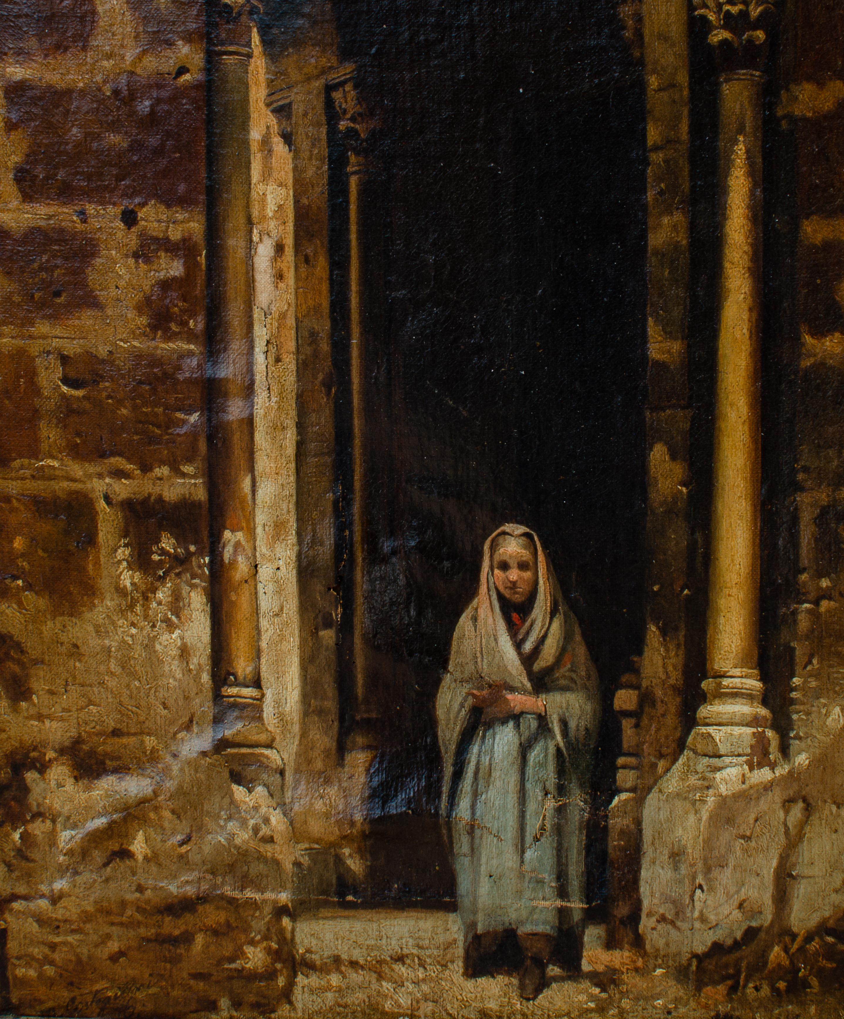 Peinture d'architecture médiévale avec personnage féminin par un artiste mystérieux - Painting de Unknown