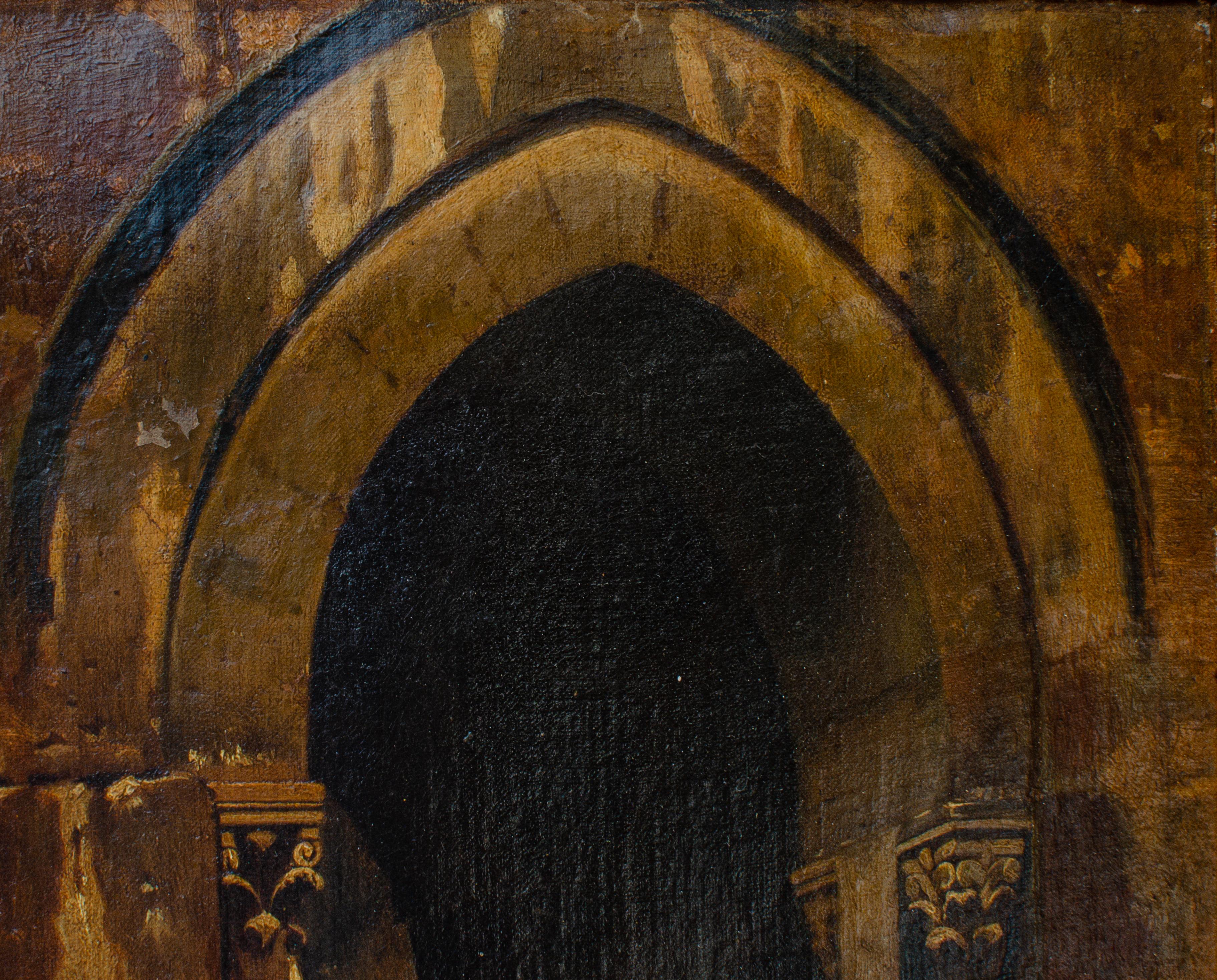 Peinture d'architecture médiévale avec personnage féminin par un artiste mystérieux - École de Barbizon Painting par Unknown