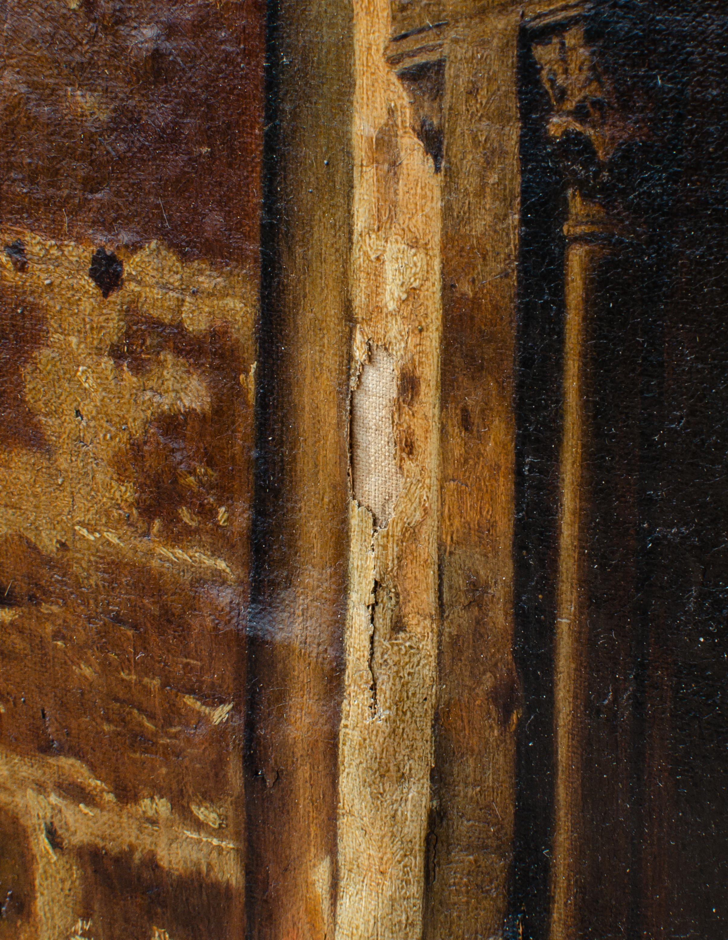 Peinture d'architecture médiévale avec personnage féminin par un artiste mystérieux en vente 1