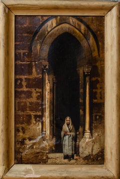 Mittelalterliche Architekturmalerei mit weiblicher Figur von Mystery Artist