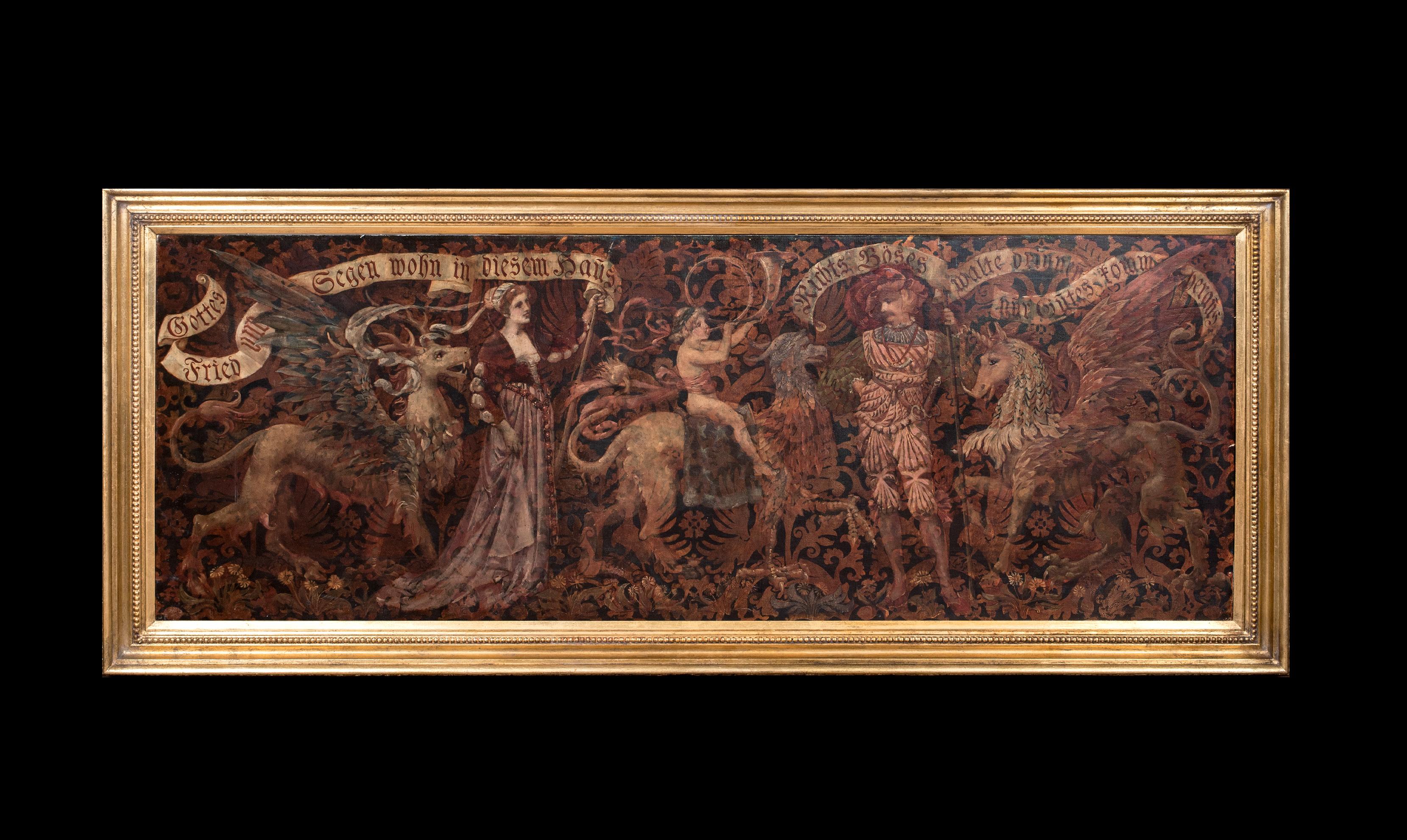 Medieval Gothic Family Banner With Mythical Creatures, 18th Century German - Brown Portrait Painting by Unknown
