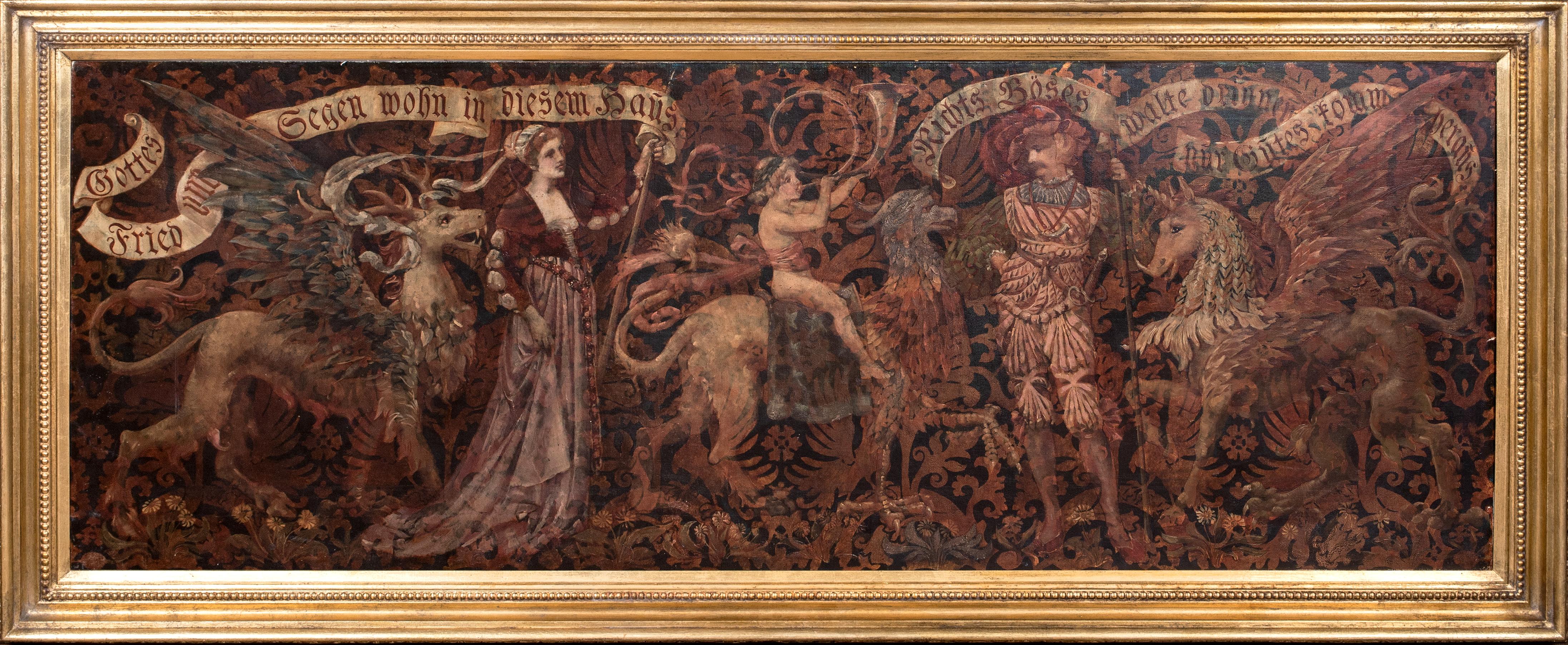 Unknown Portrait Painting - Medieval Gothic Family Banner With Mythical Creatures, 18th Century German