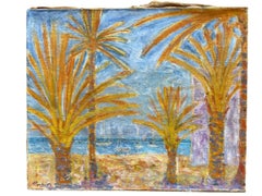 Paysage côtier méditerranéen avec des palmiers et des voiliers, signé Poirier