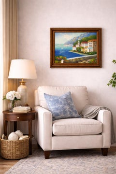 Mediterranean Coastal Village Oil Painting Seascape Landscape, Italian Riviera