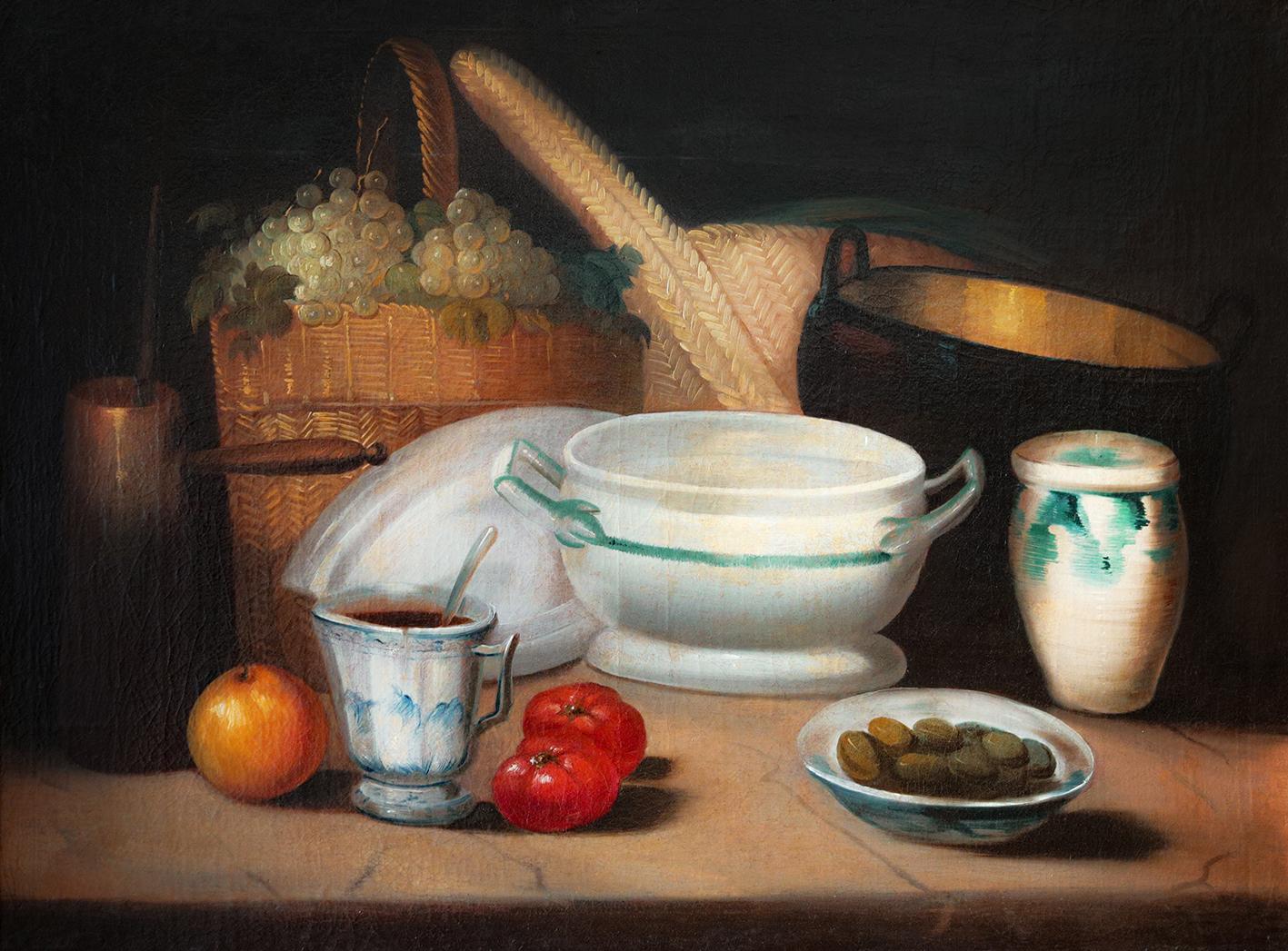  Mediterranean Kitchen Still Life, Italian painting — 18th century oil on canvas For Sale 4