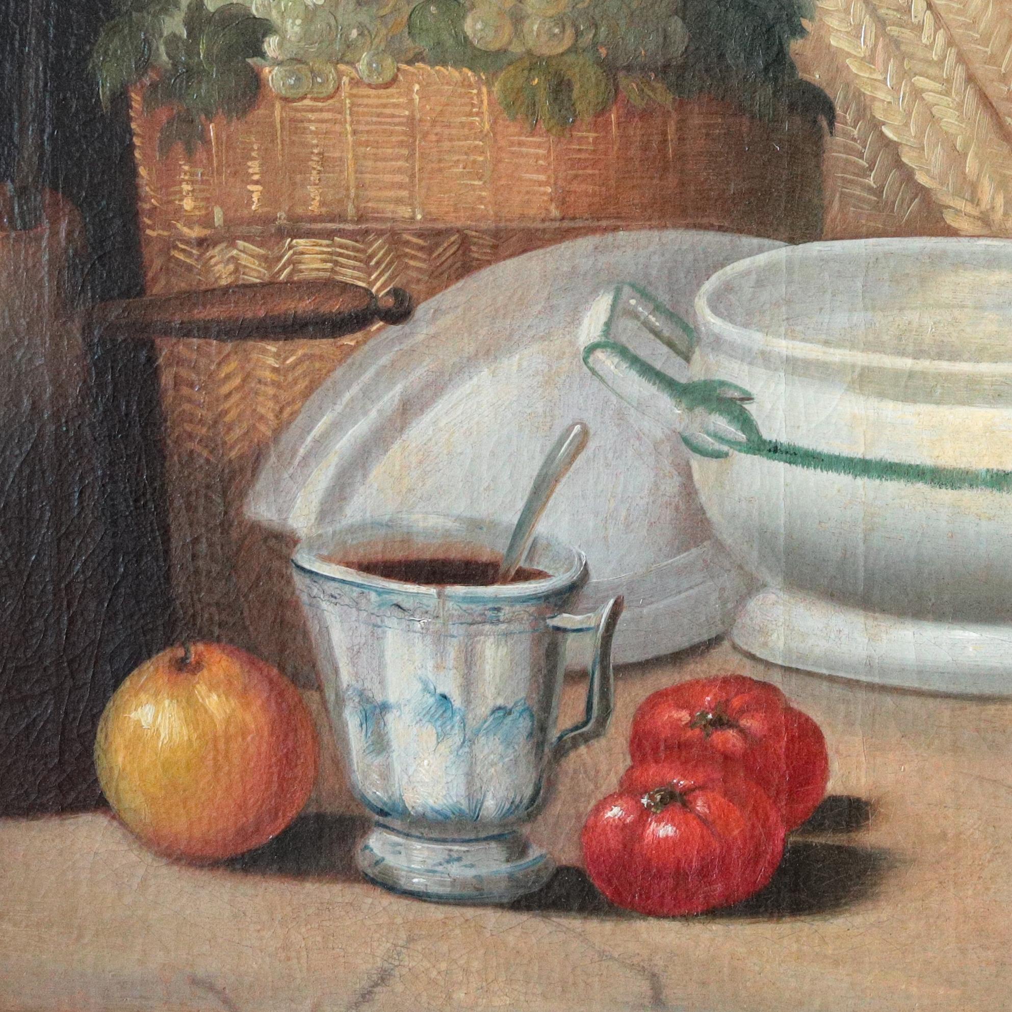  Mediterranean Kitchen Still Life, Italian painting — 18th century oil on canvas - Other Art Style Painting by Unknown