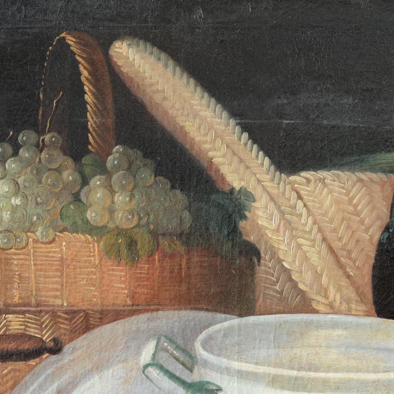 Mediterranean Kitchen Still Life, Italian painting — 18th century oil on canvas - Brown Still-Life Painting by Unknown