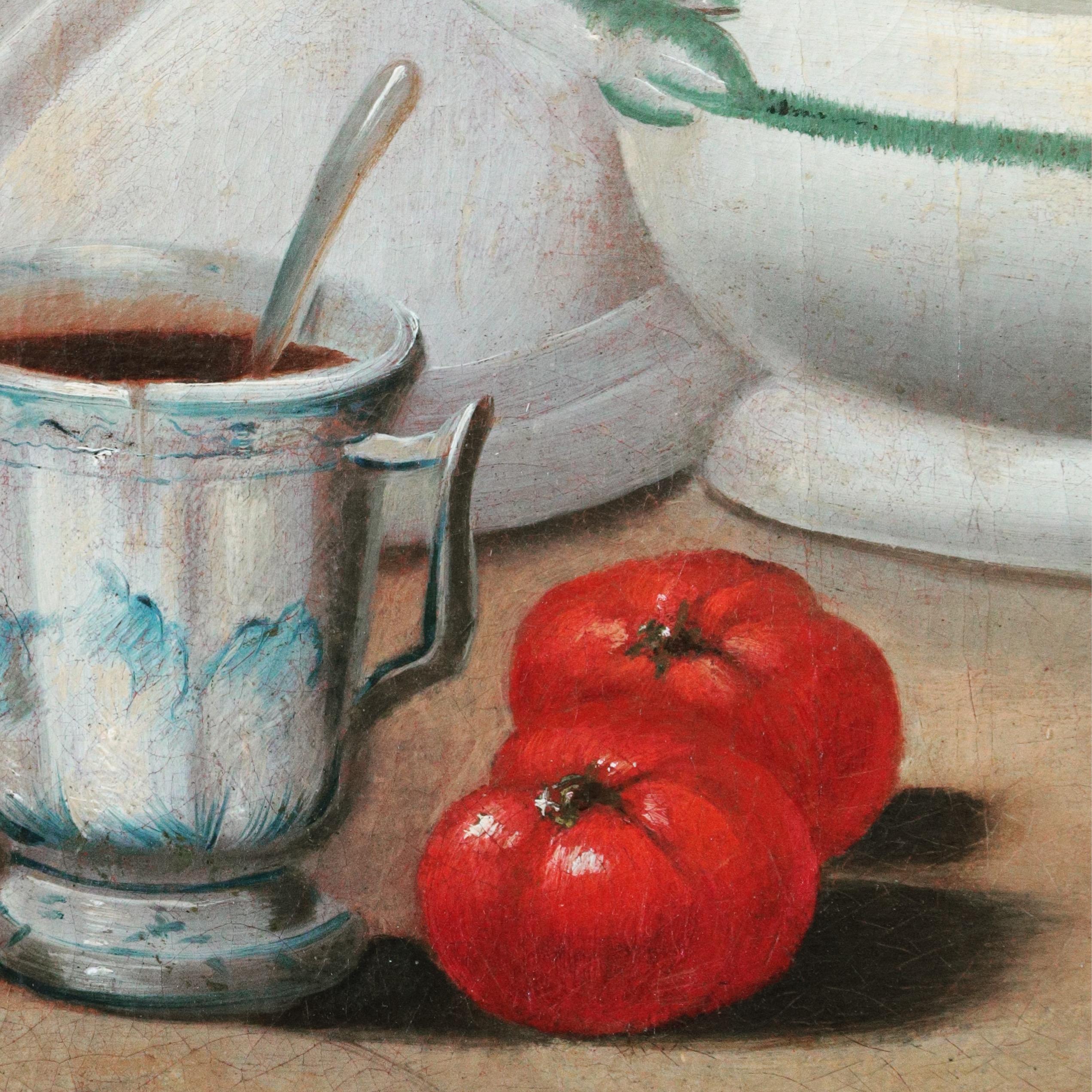  Mediterranean Kitchen Still Life, Italian painting — 18th century oil on canvas For Sale 1