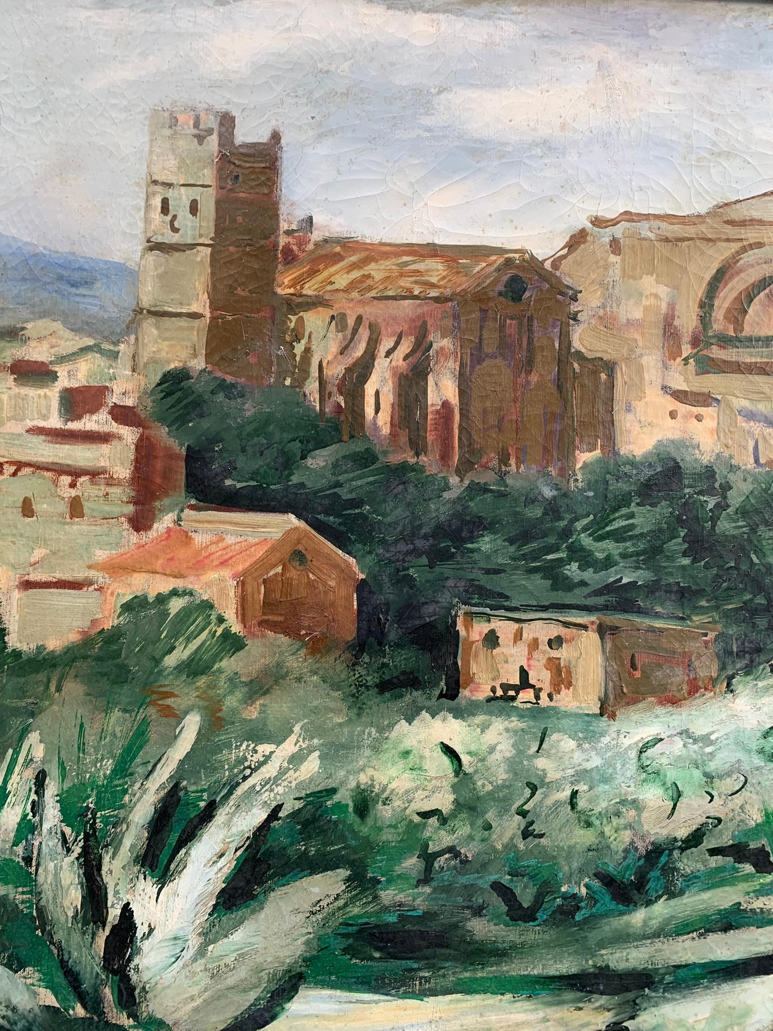 Mediterranean Landscape With Medieval Church, Towers, And Agave, Ca. 1930 in vendita 5