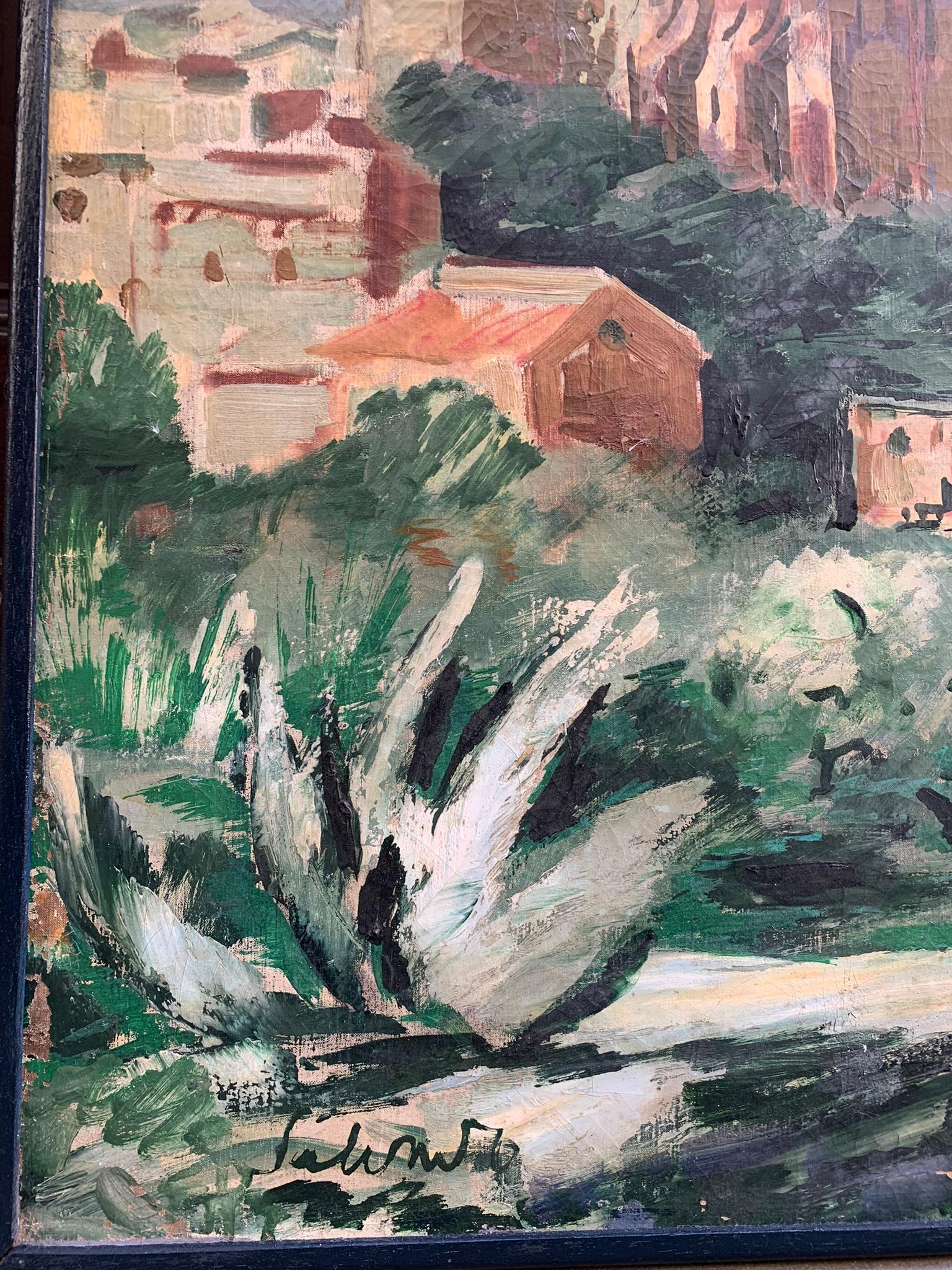 Mediterranean Landscape With Medieval Church, Towers, And Agave, Ca. 1930 in vendita 6