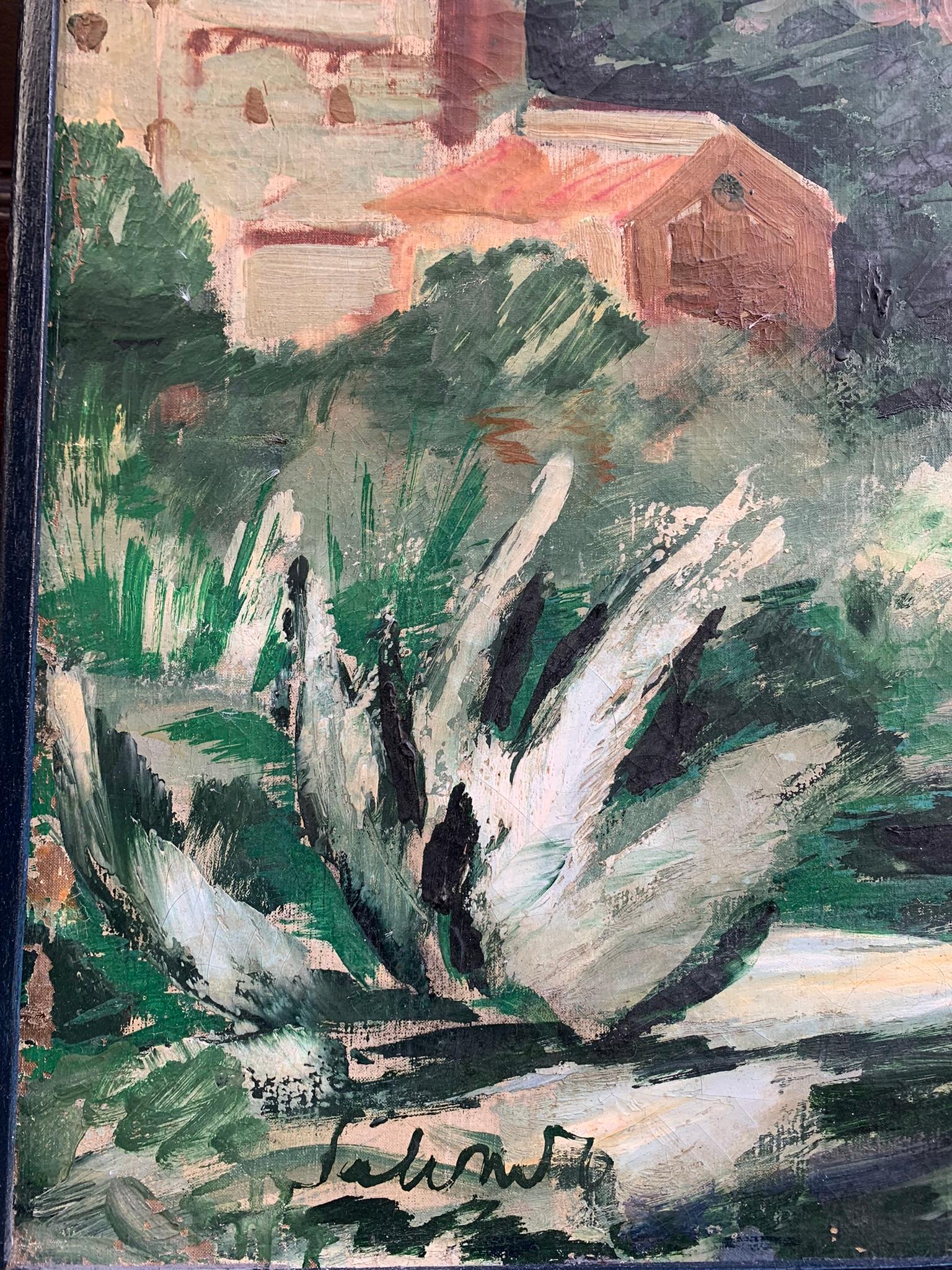 Mediterranean Landscape With Medieval Church, Towers, And Agave, Ca. 1930 in vendita 7