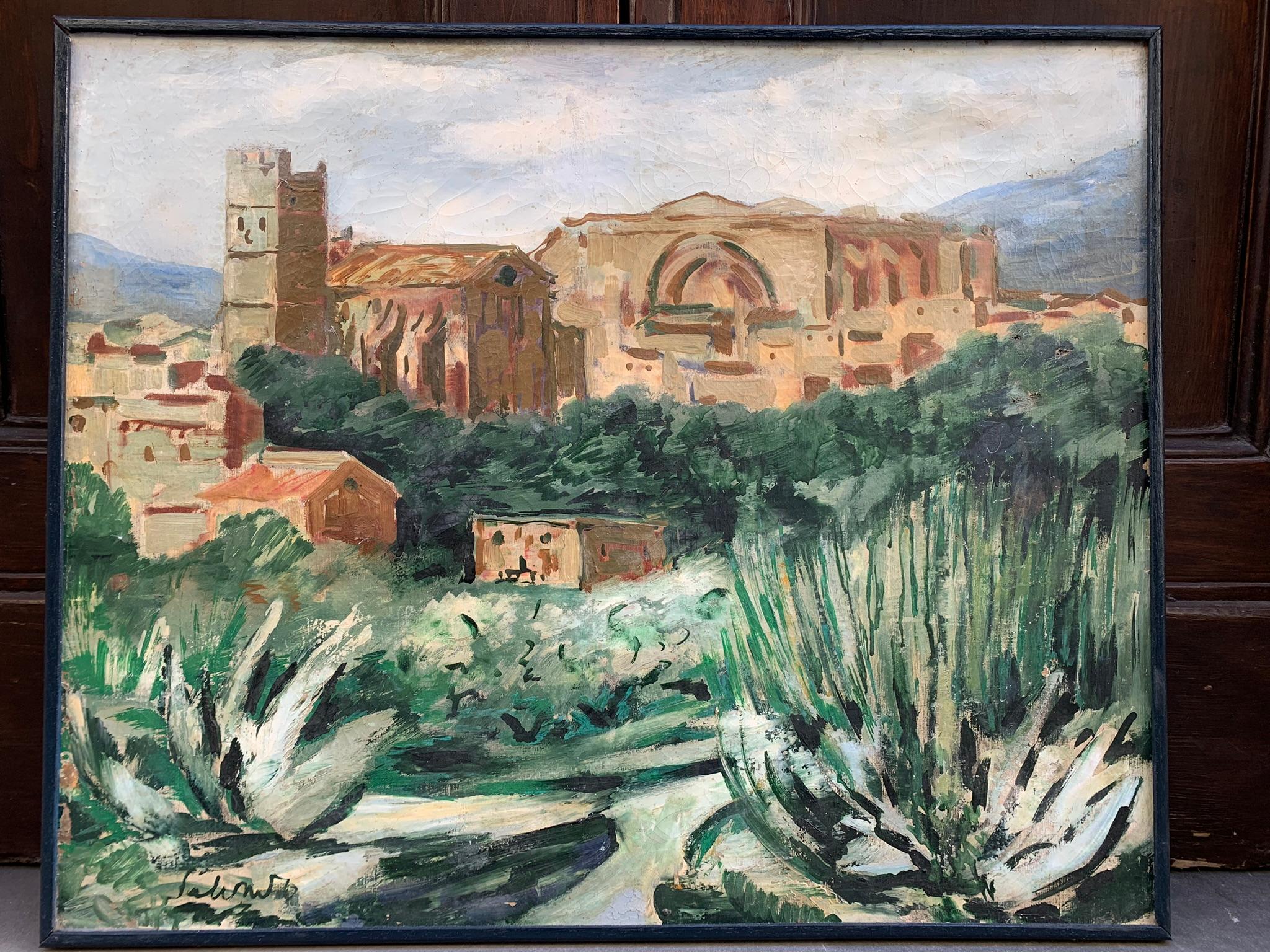 Mediterranean Landscape With Medieval Church, Towers, And Agave, Ca. 1930 in vendita 8
