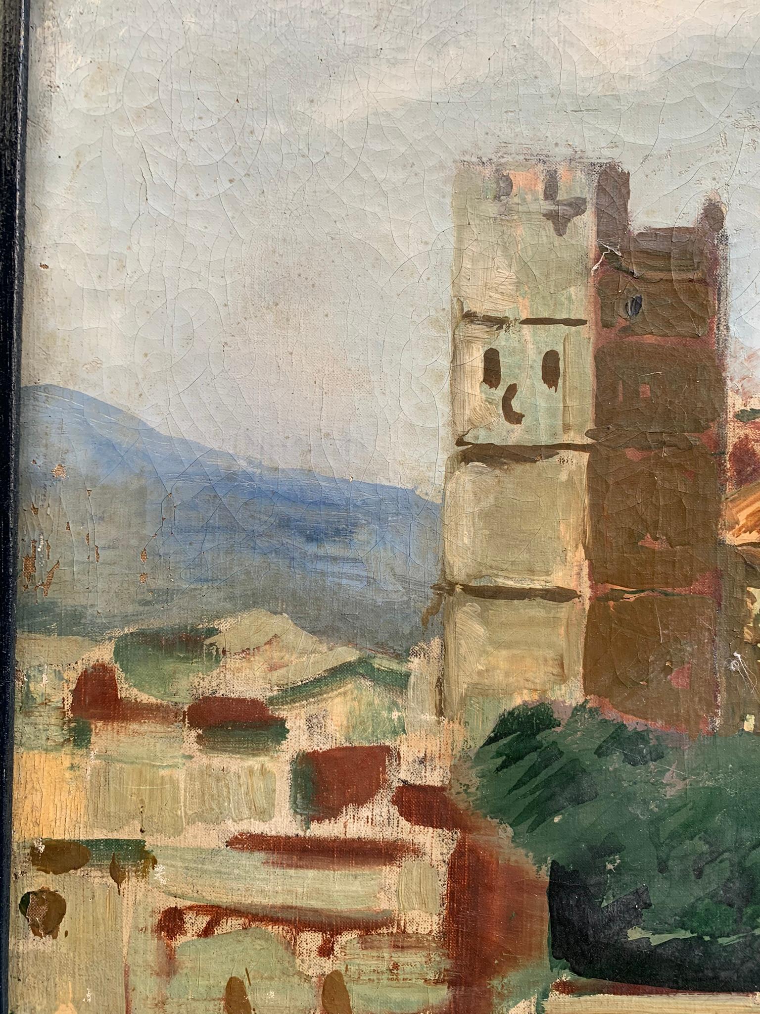 Mediterranean Landscape With Medieval Church, Towers, And Agave, Ca. 1930 - Painting Espressionista di Unknown