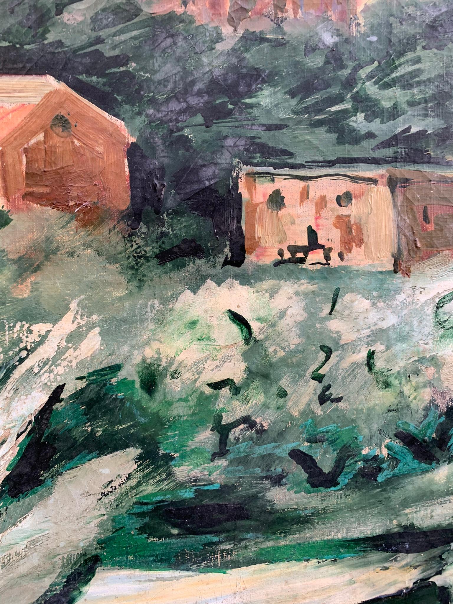 Mediterranean Landscape With Medieval Church, Towers, And Agave, Ca. 1930 - Figurative Painting Gray di Unknown