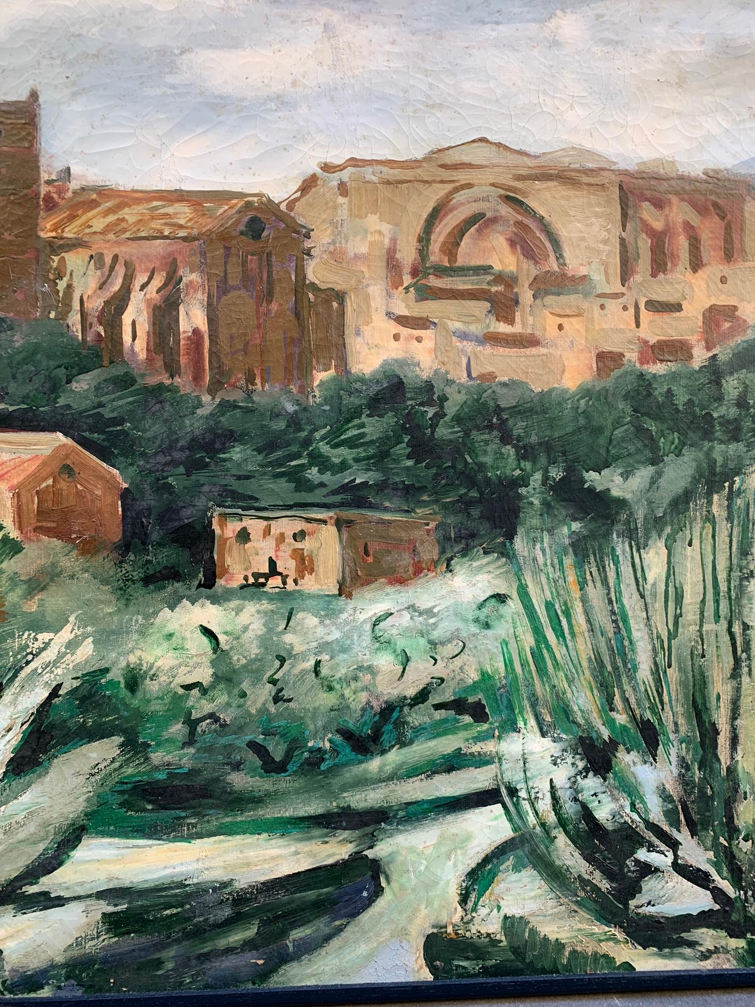 Mediterranean Landscape With Medieval Church, Towers, And Agave, Ca. 1930 in vendita 1