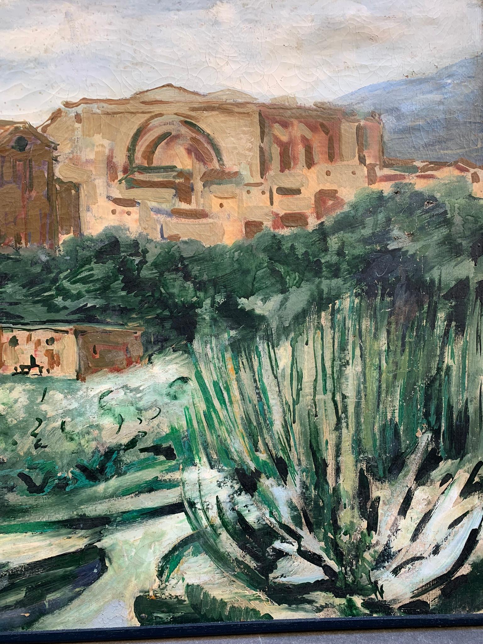 Mediterranean Landscape With Medieval Church, Towers, And Agave, Ca. 1930 in vendita 3